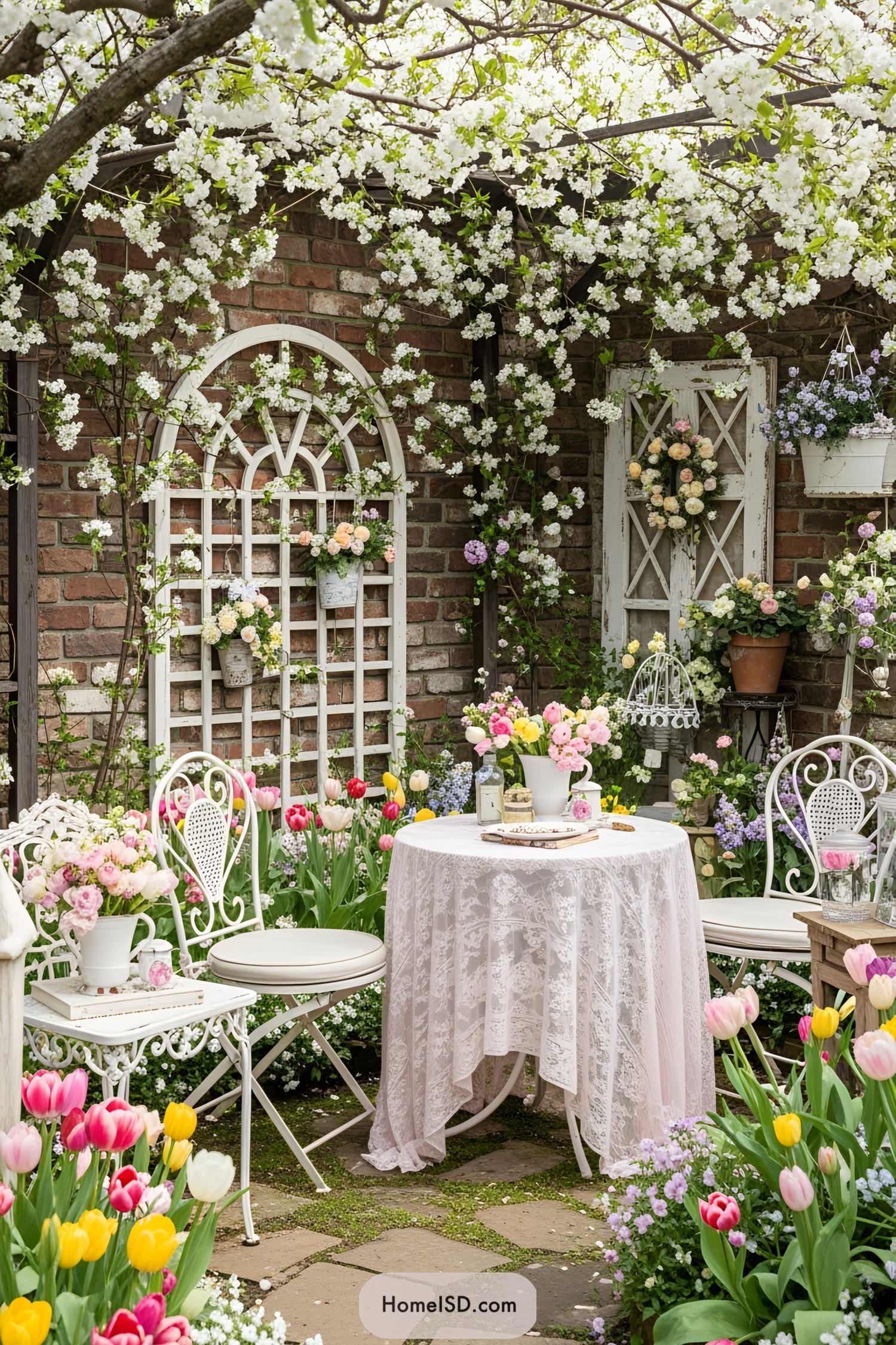 Charming garden with floral decor and vintage seating