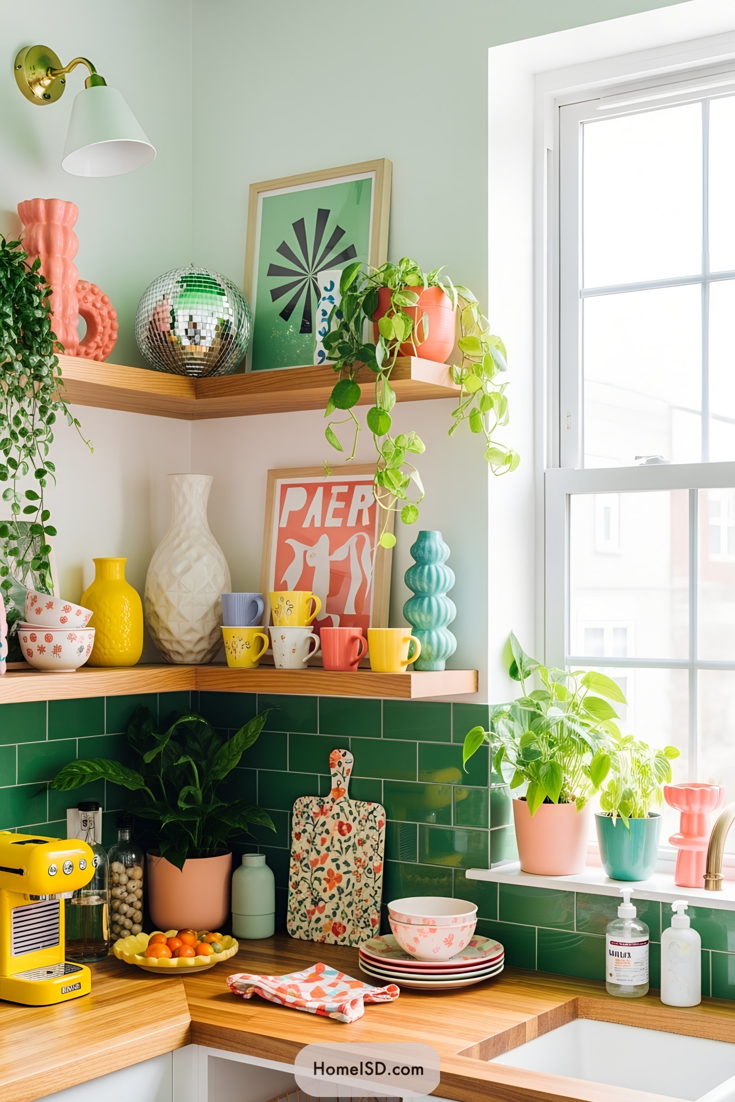 Colorful kitchen corner with potted plants and vibrant mugs