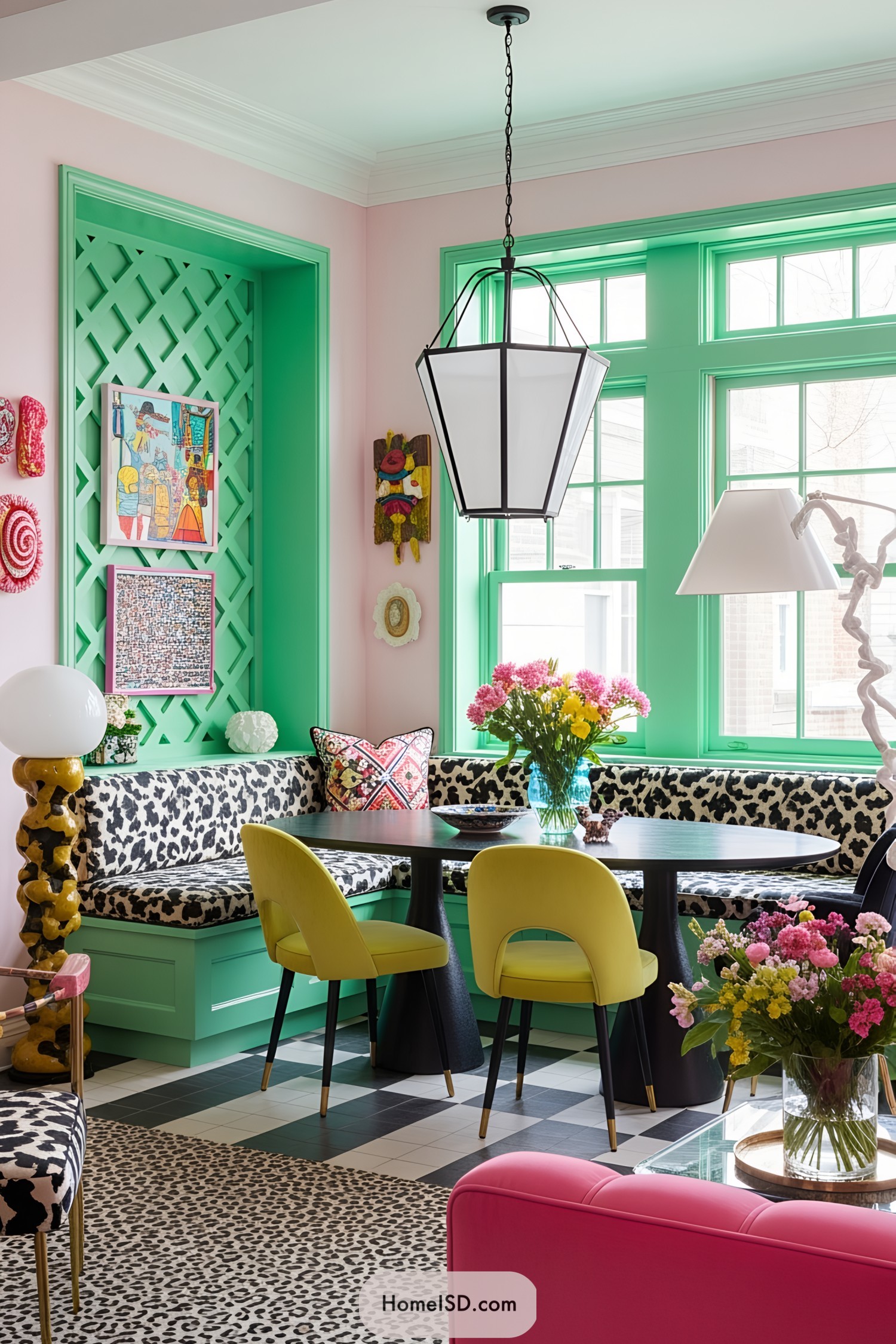 Bright and colorful room with eclectic furniture and decor