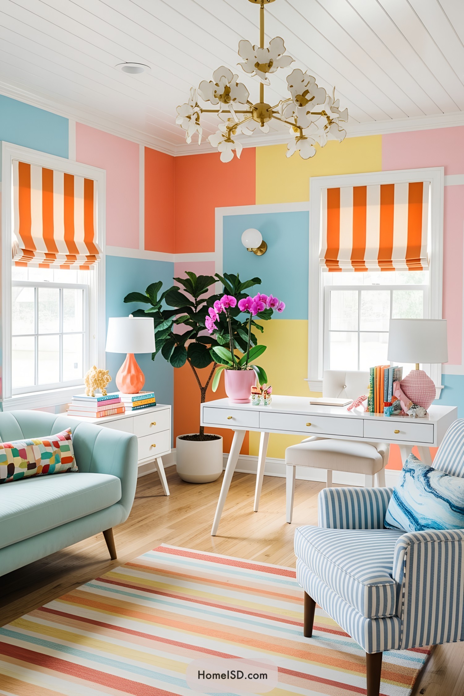 Bright, colorful room with striped accents and playful decor