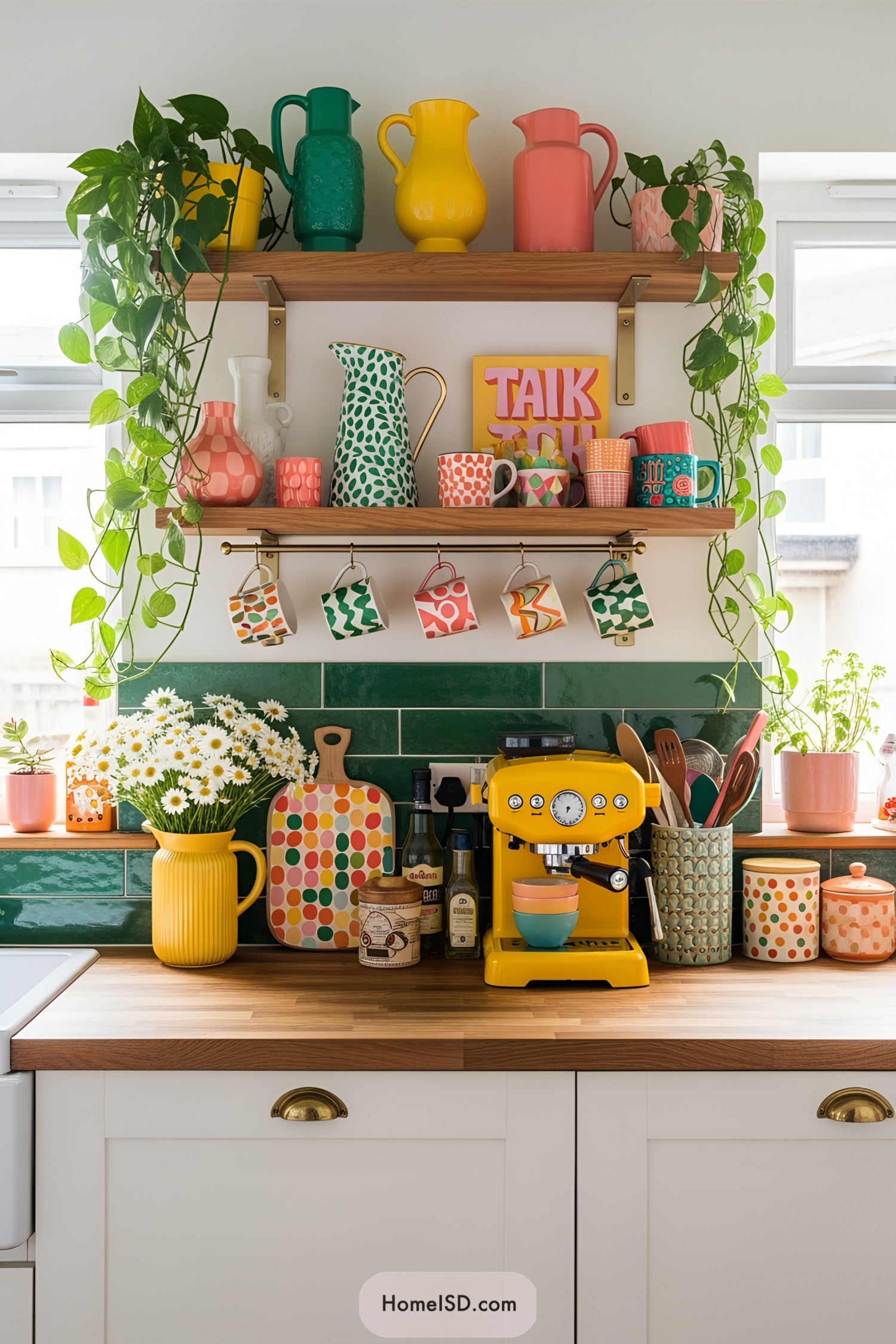 Colorful mugs and pitchers on kitchen shelves with plants