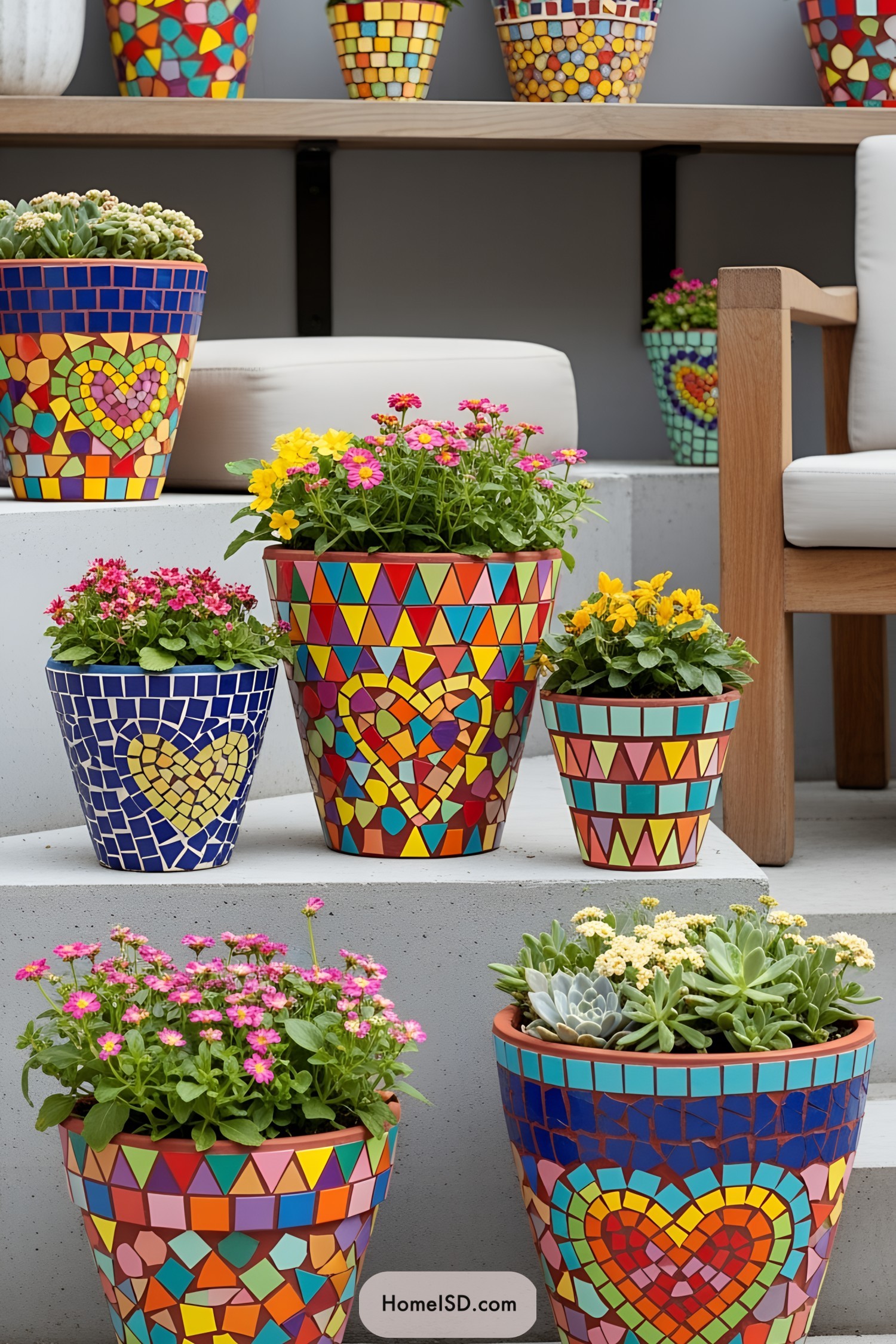 Colorful mosaic flower pots arranged on steps