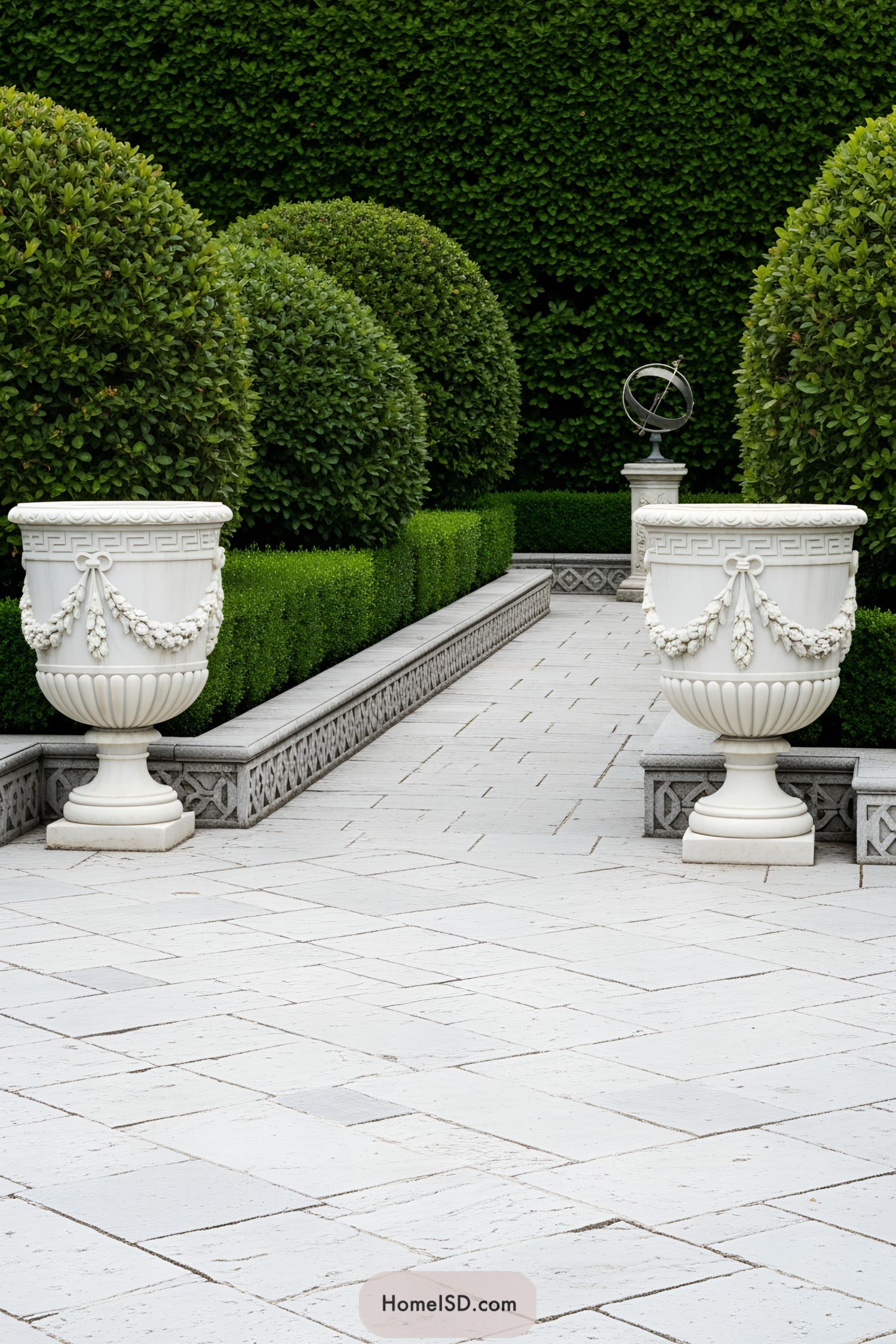 Large decorative flower pots along a formal garden pathway