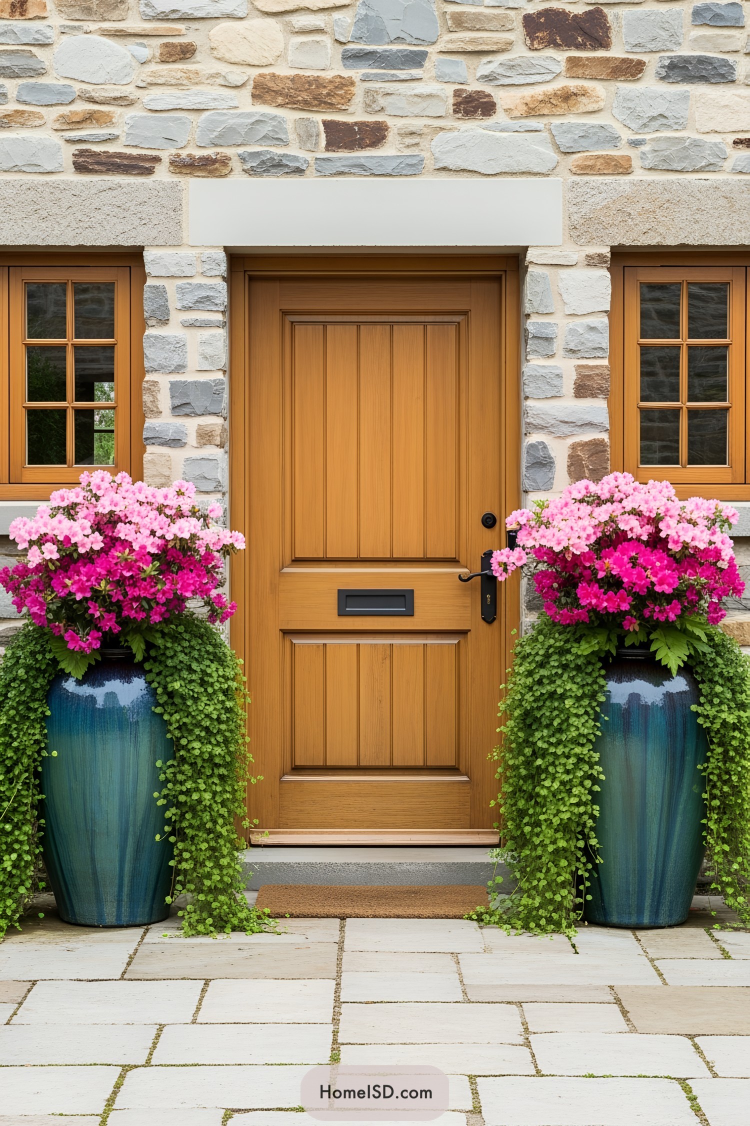 Tall blue flower pots with pink blooms flank a wooden door