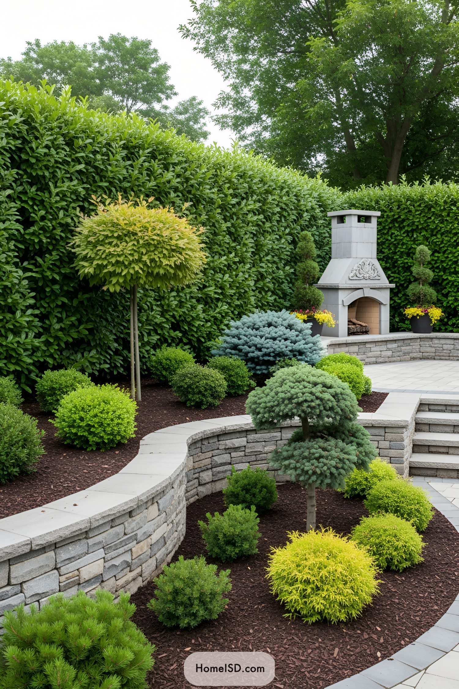 Lush garden with stone walls and outdoor fireplace