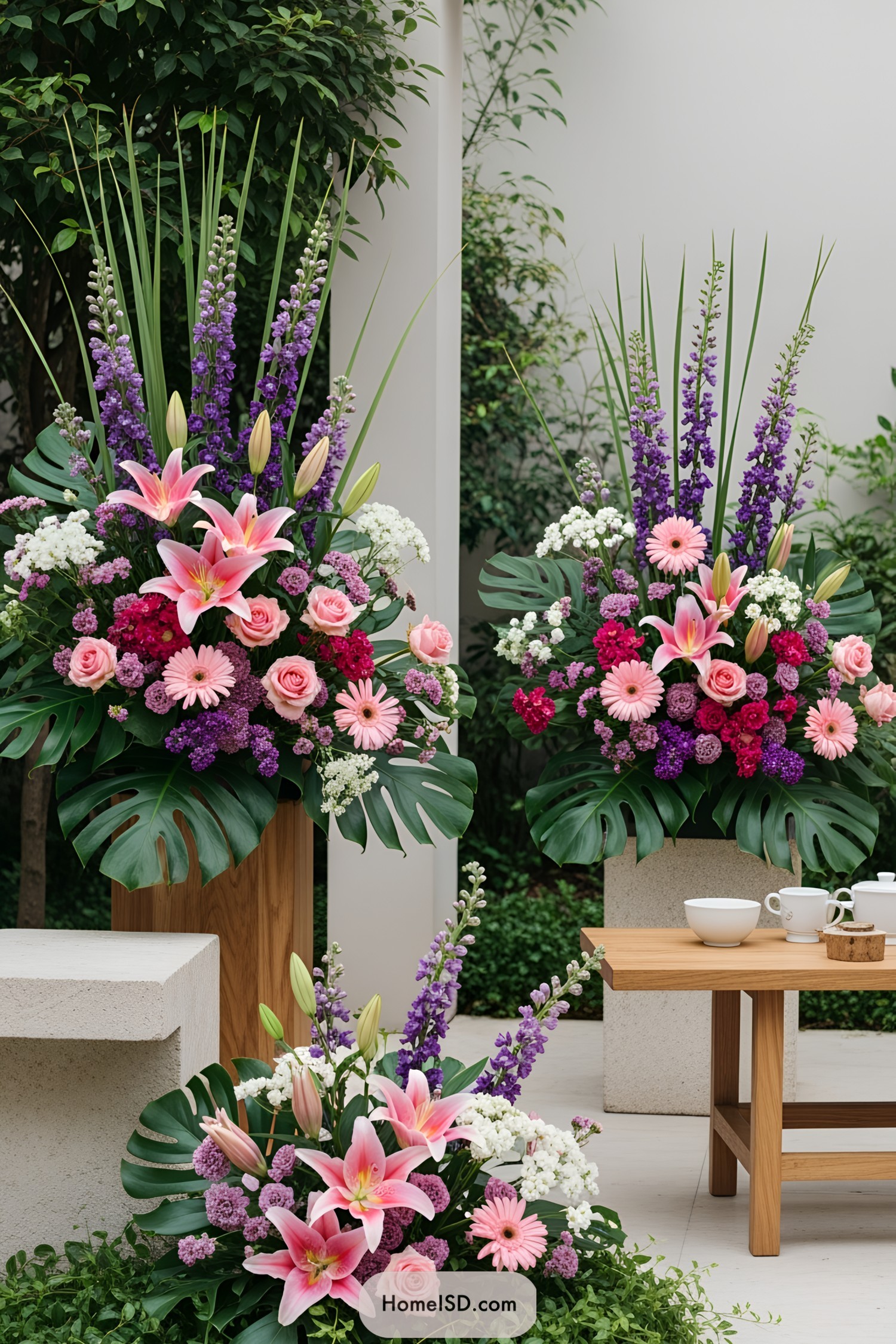 Elegant flower arrangements with pink lilies, roses, and greenery in a modern garden setting