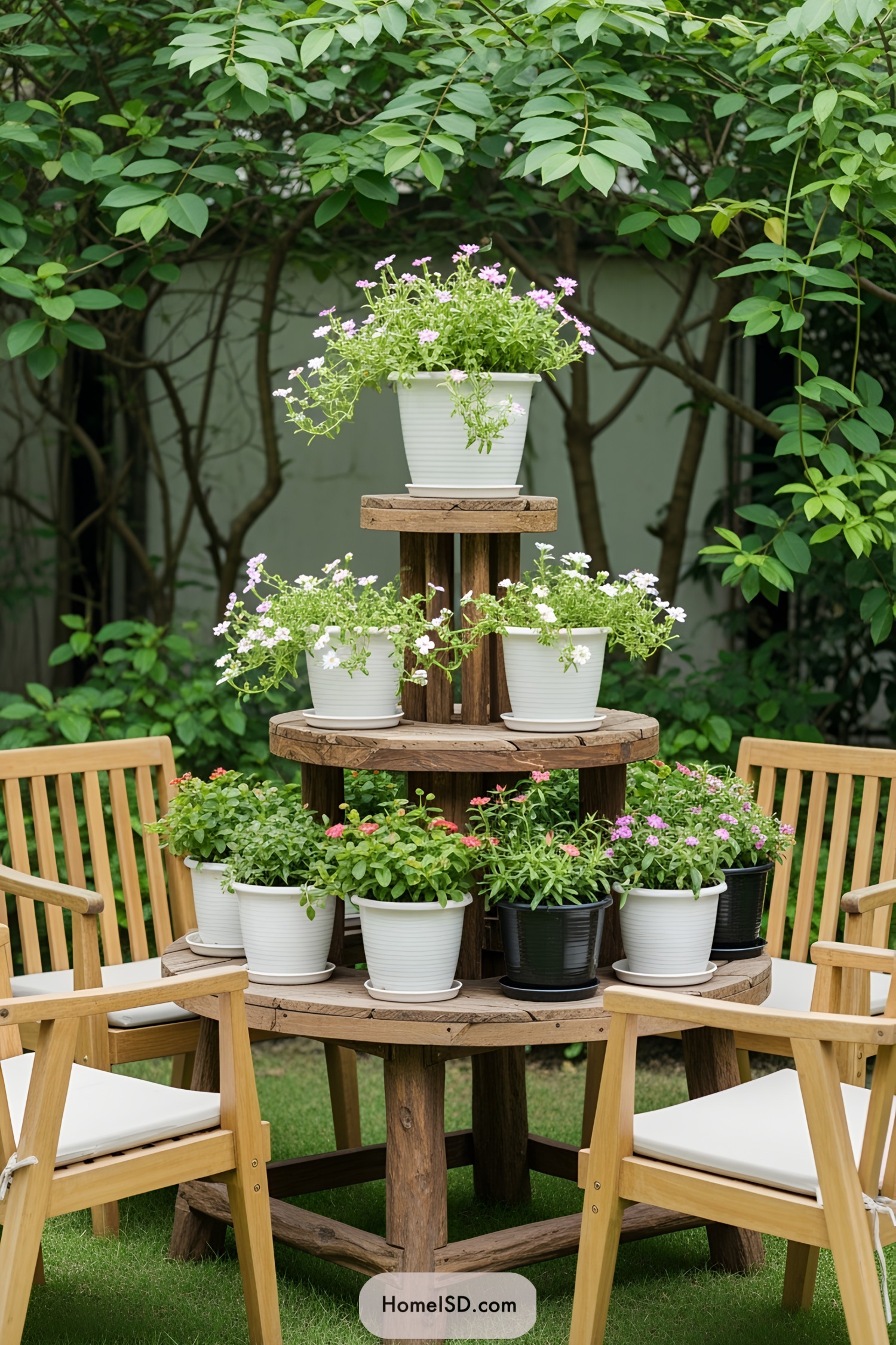 Tiered stand displaying various potted plants surrounded by wooden chairs