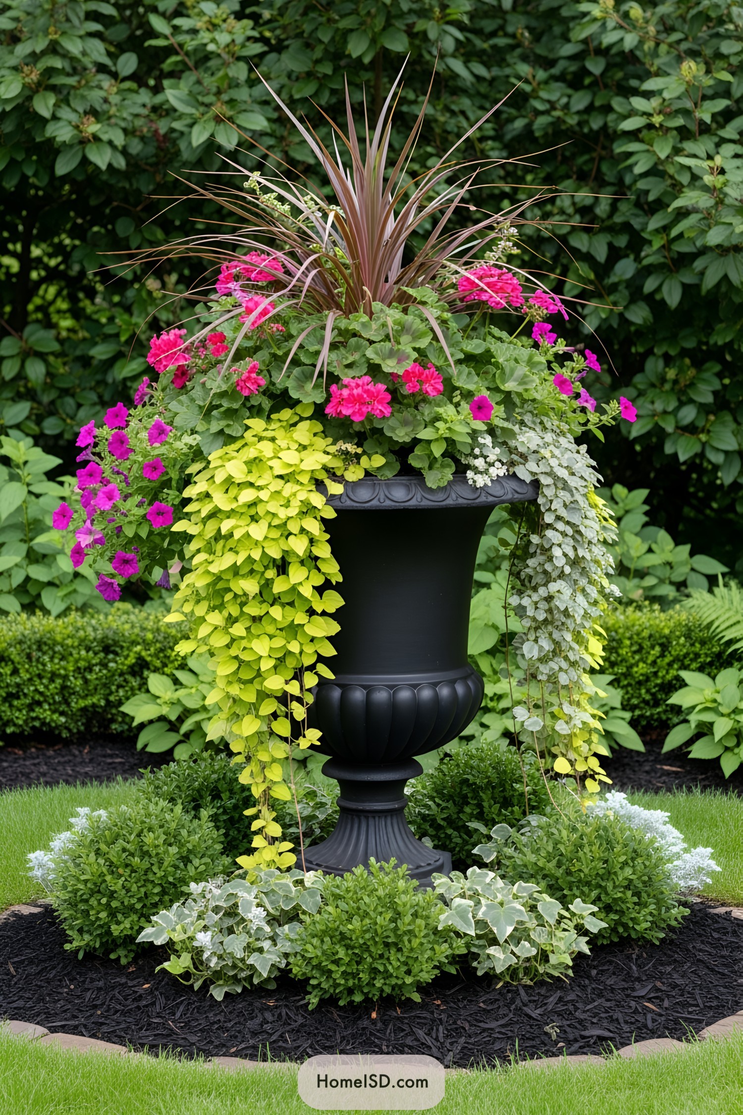 Large planter overflowing with vibrant flowers and cascading greens
