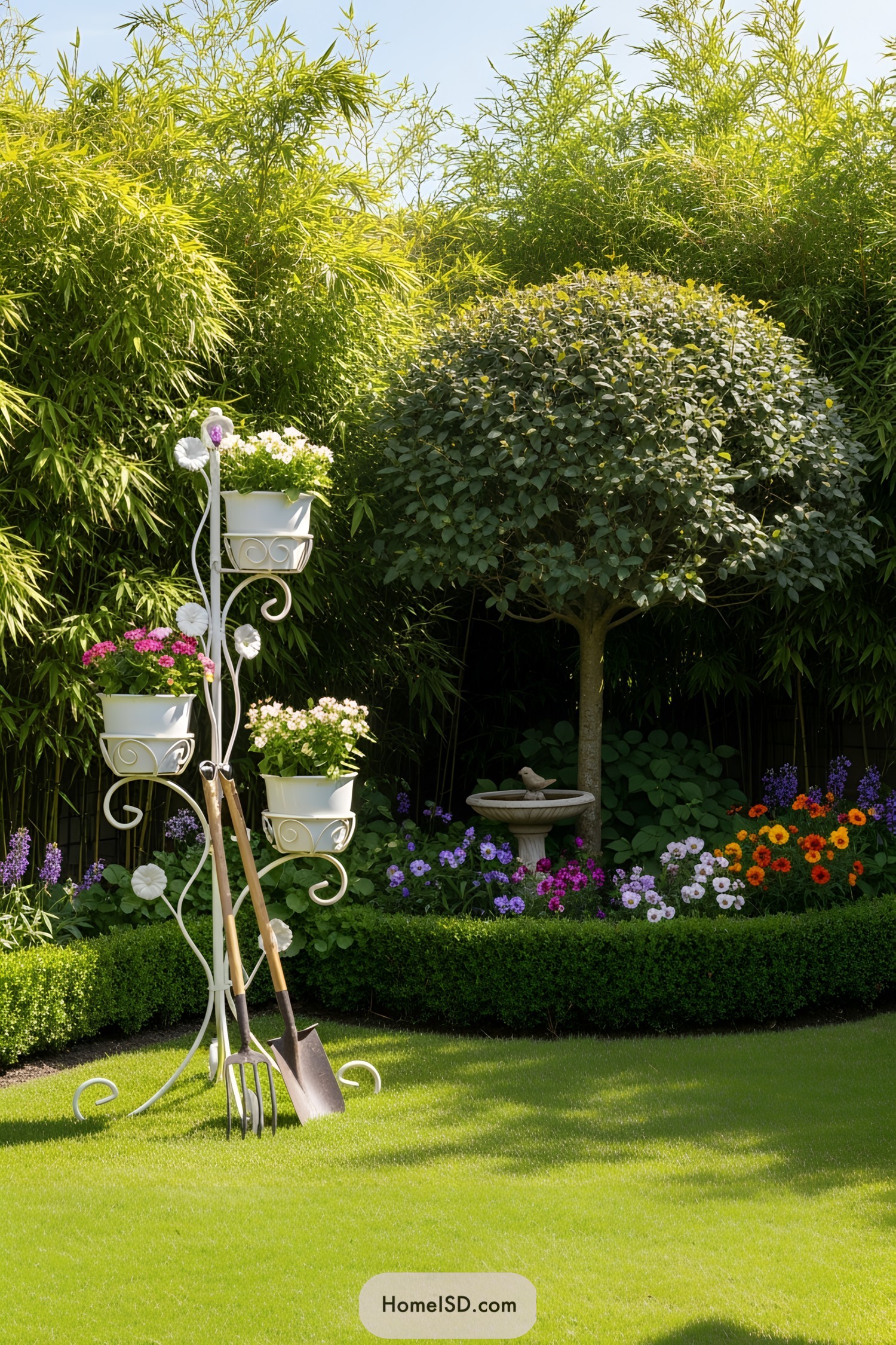 White plant stand with flowers in a garden