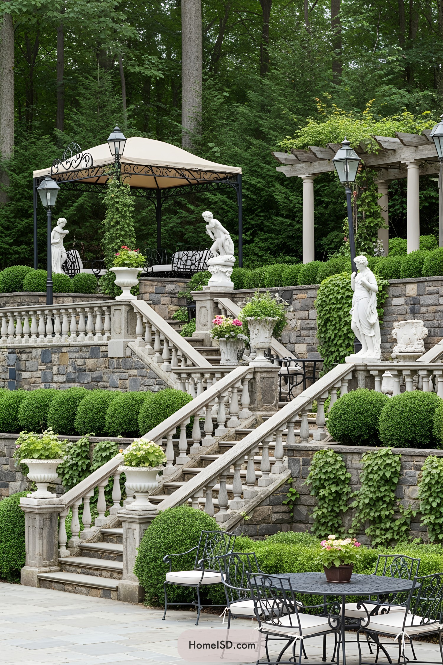 Elegant terraced garden with stone balustrades and statues