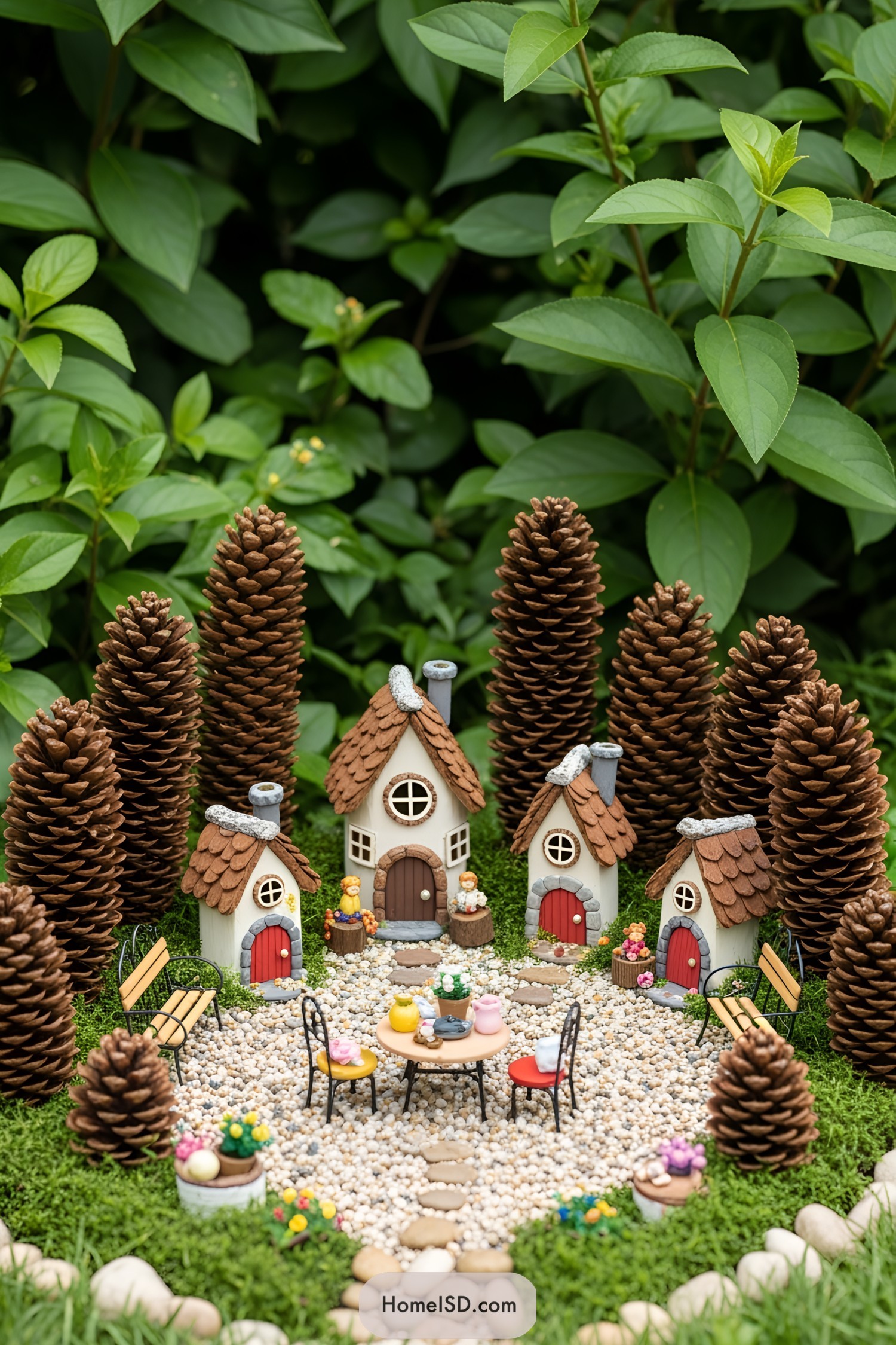Tiny cottages surrounded by pinecones in a fairy garden