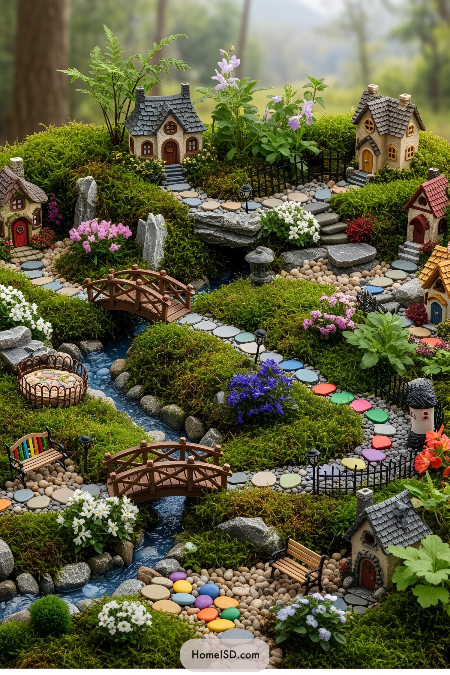 Miniature houses and colorful pathways in a fairy garden