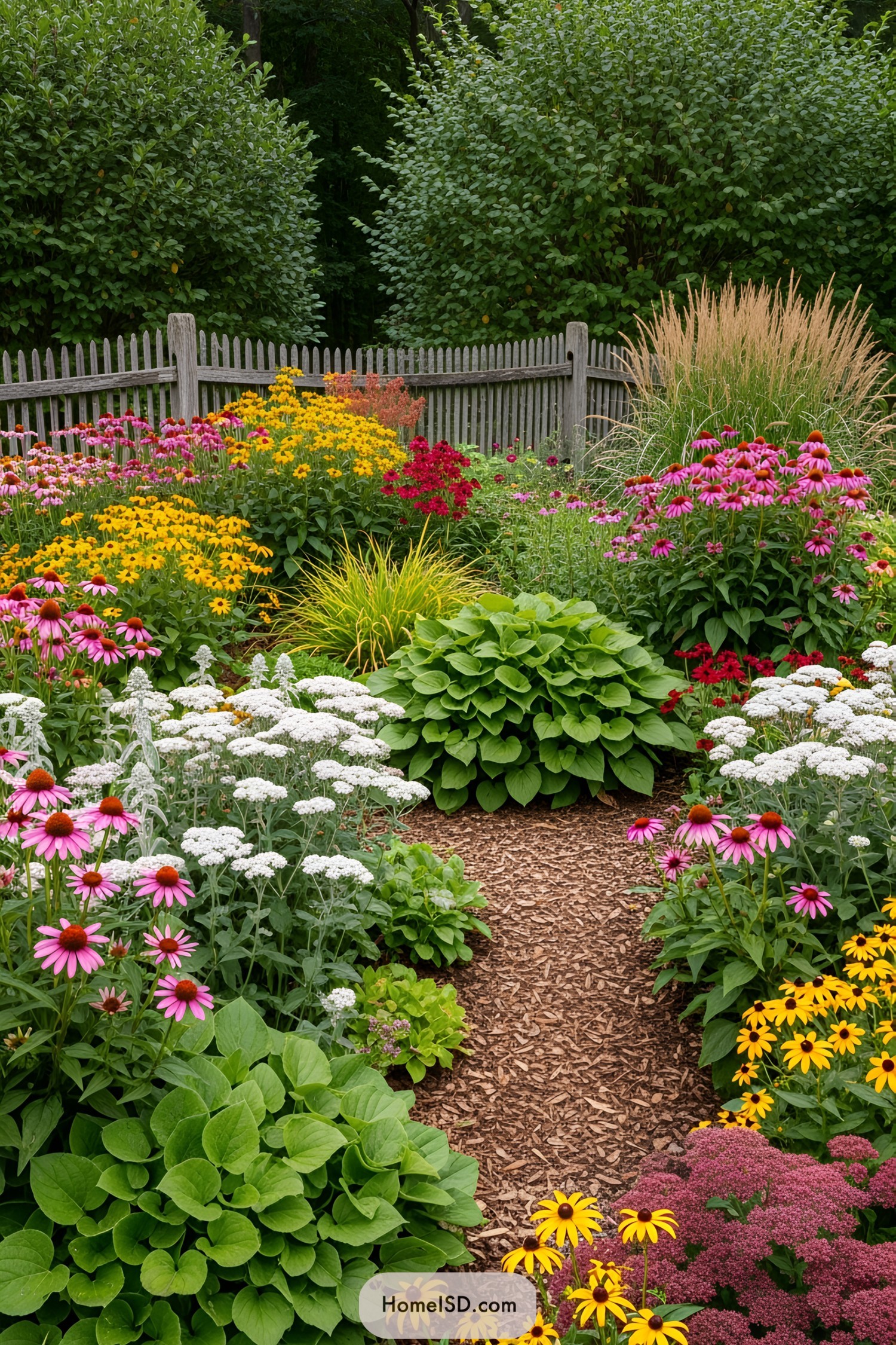 Vibrant fall flowers along a garden path