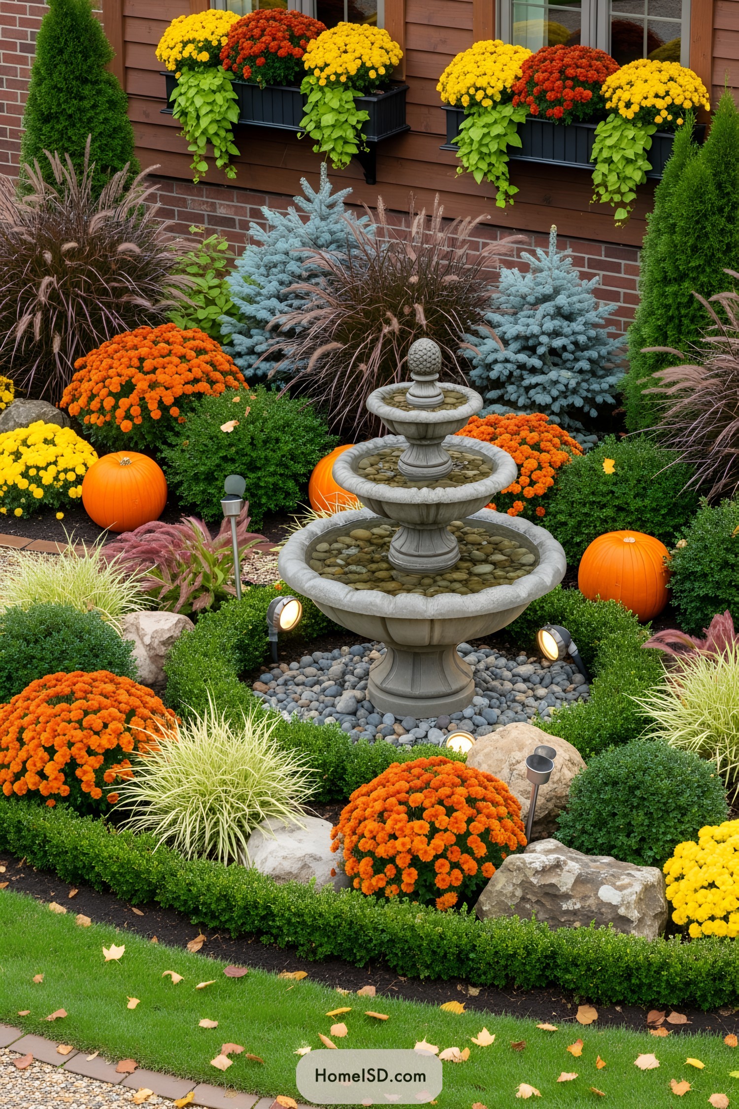 Garden bursting with fall colors, highlighted by a stone fountain
