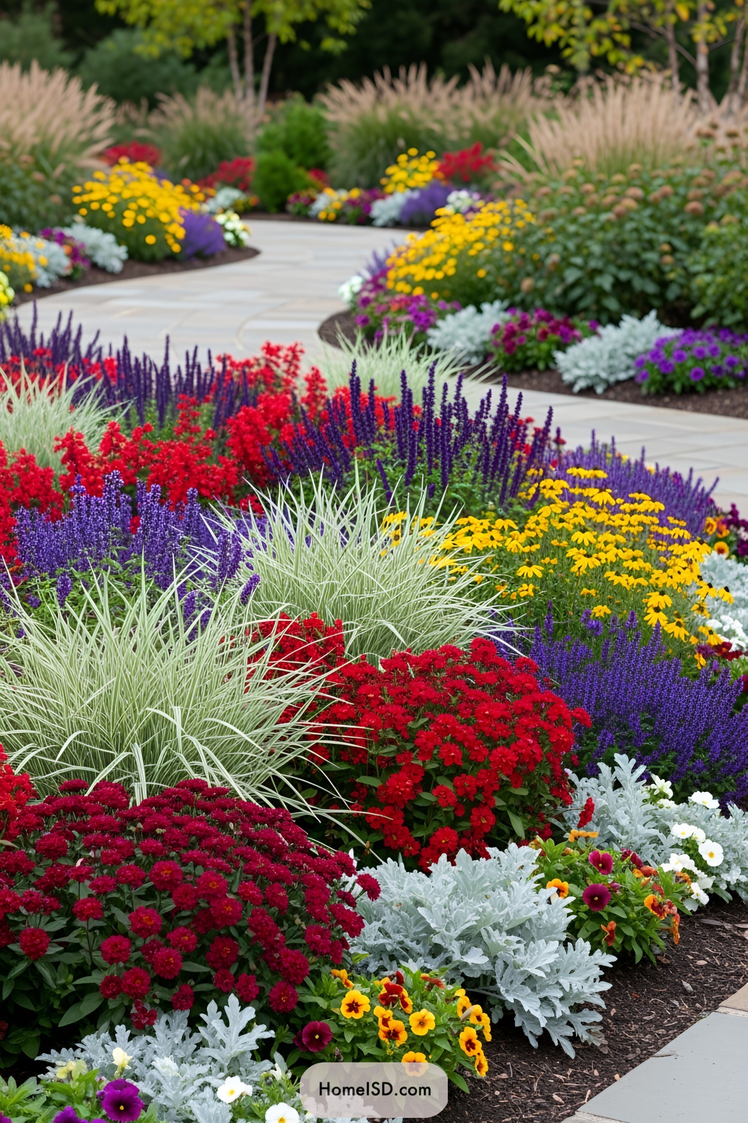 A captivating garden pathway adorned with vibrant fall flowers