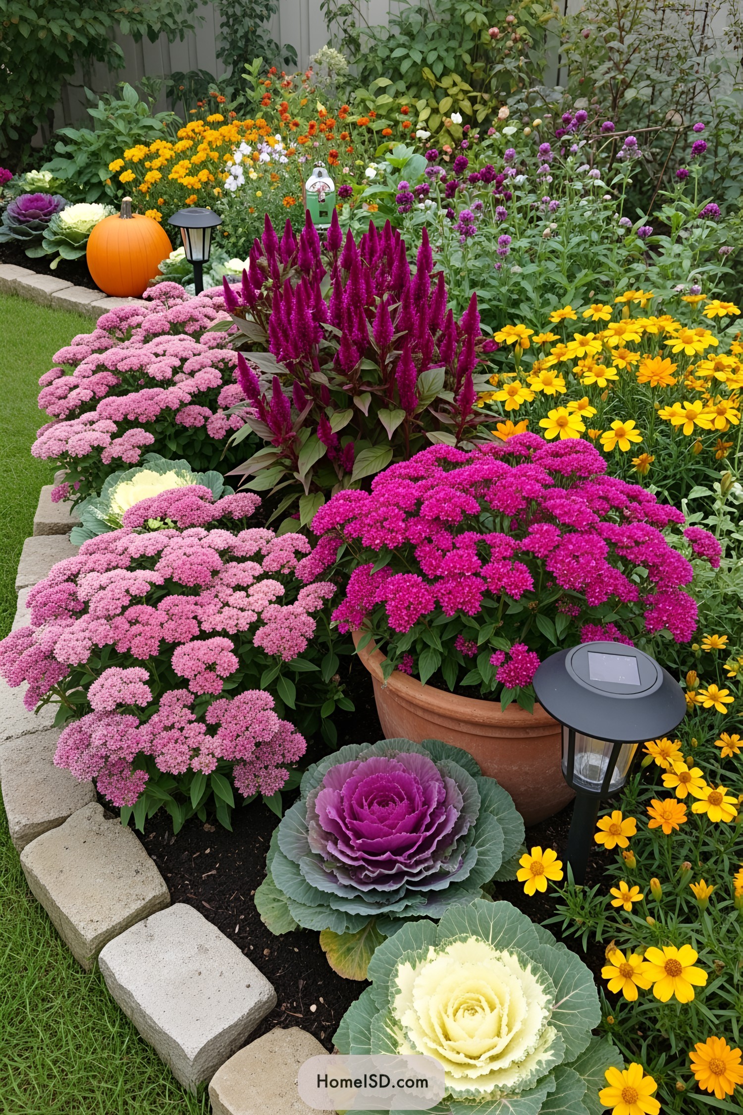 Colorful flower garden with a pumpkin and stone border