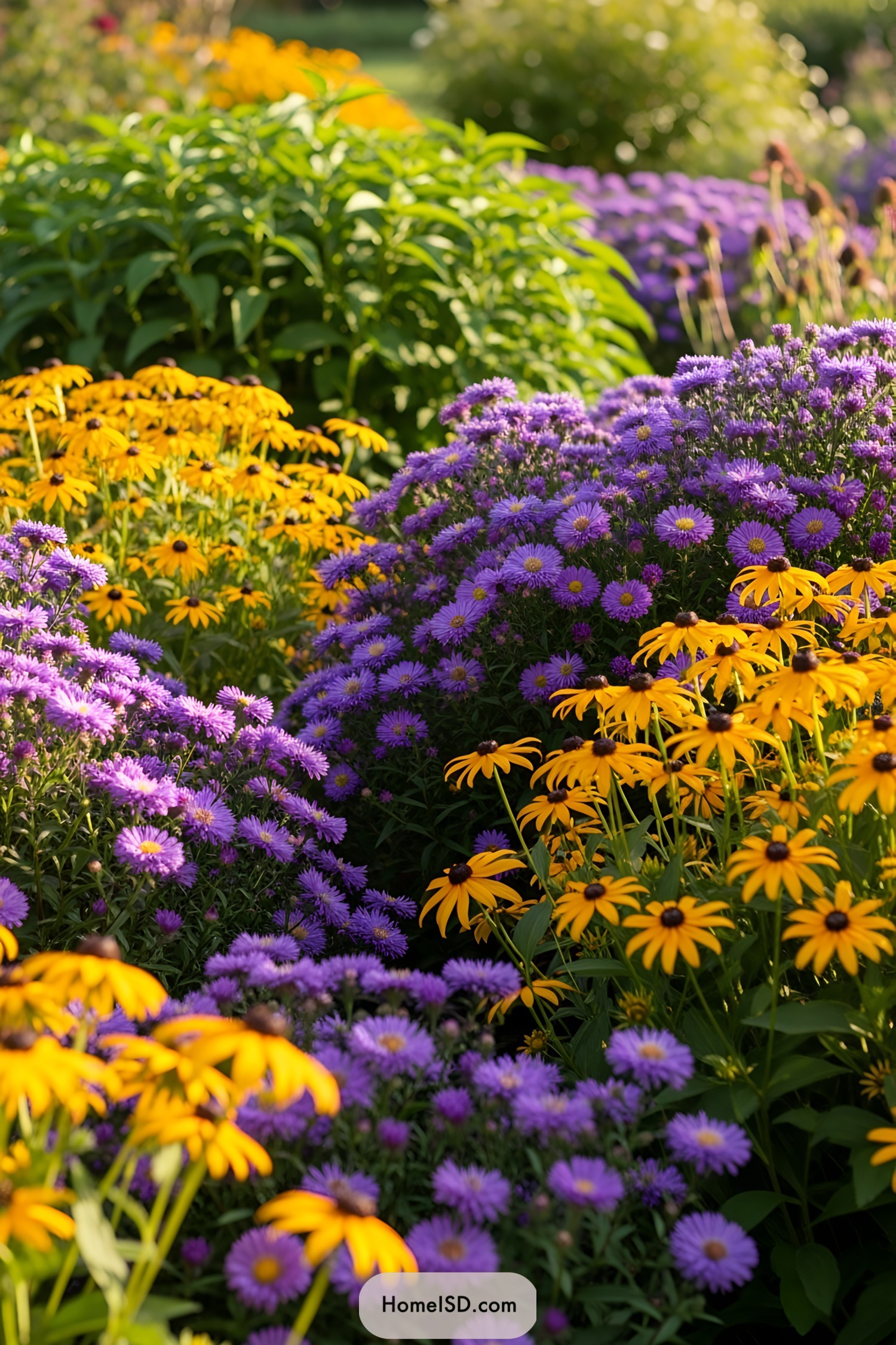 Colorful flower garden with purple asters and yellow daisies
