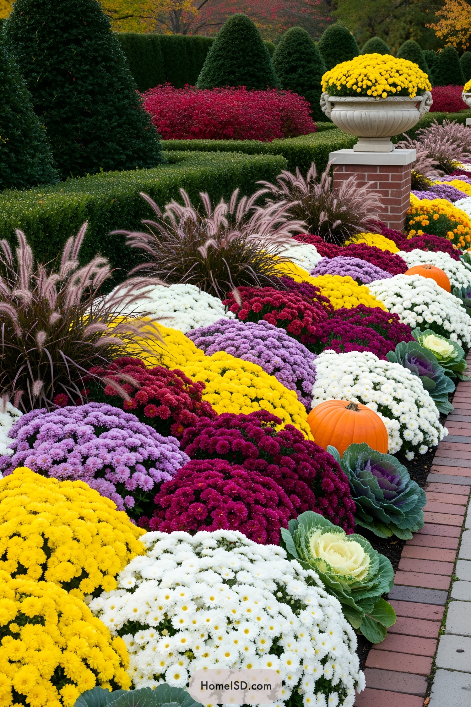 Colorful fall flowers and pumpkins in a garden bed