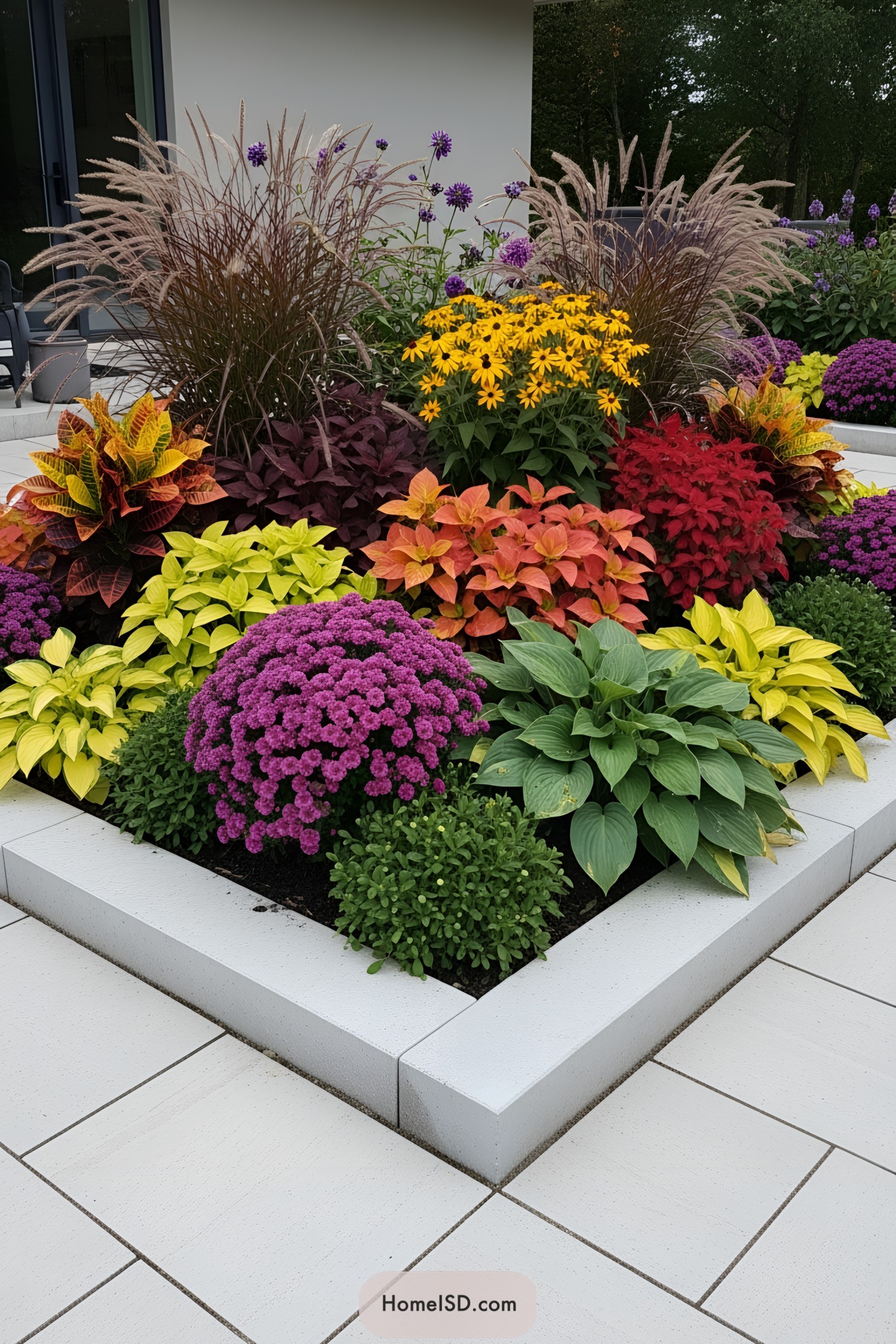 Colorful fall flowers arranged in a garden bed