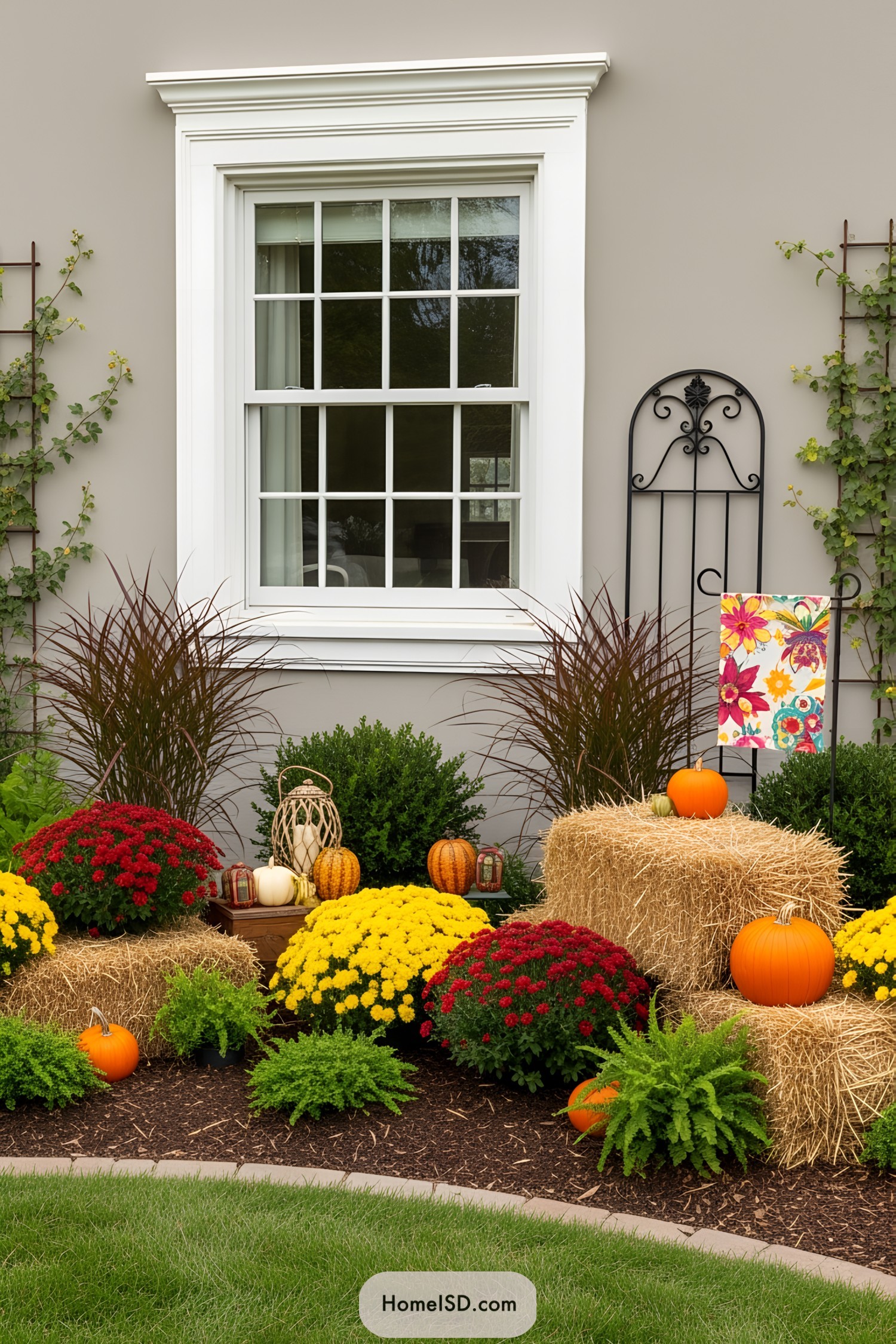 Colorful fall garden with pumpkins, hay bales, and vibrant flowers