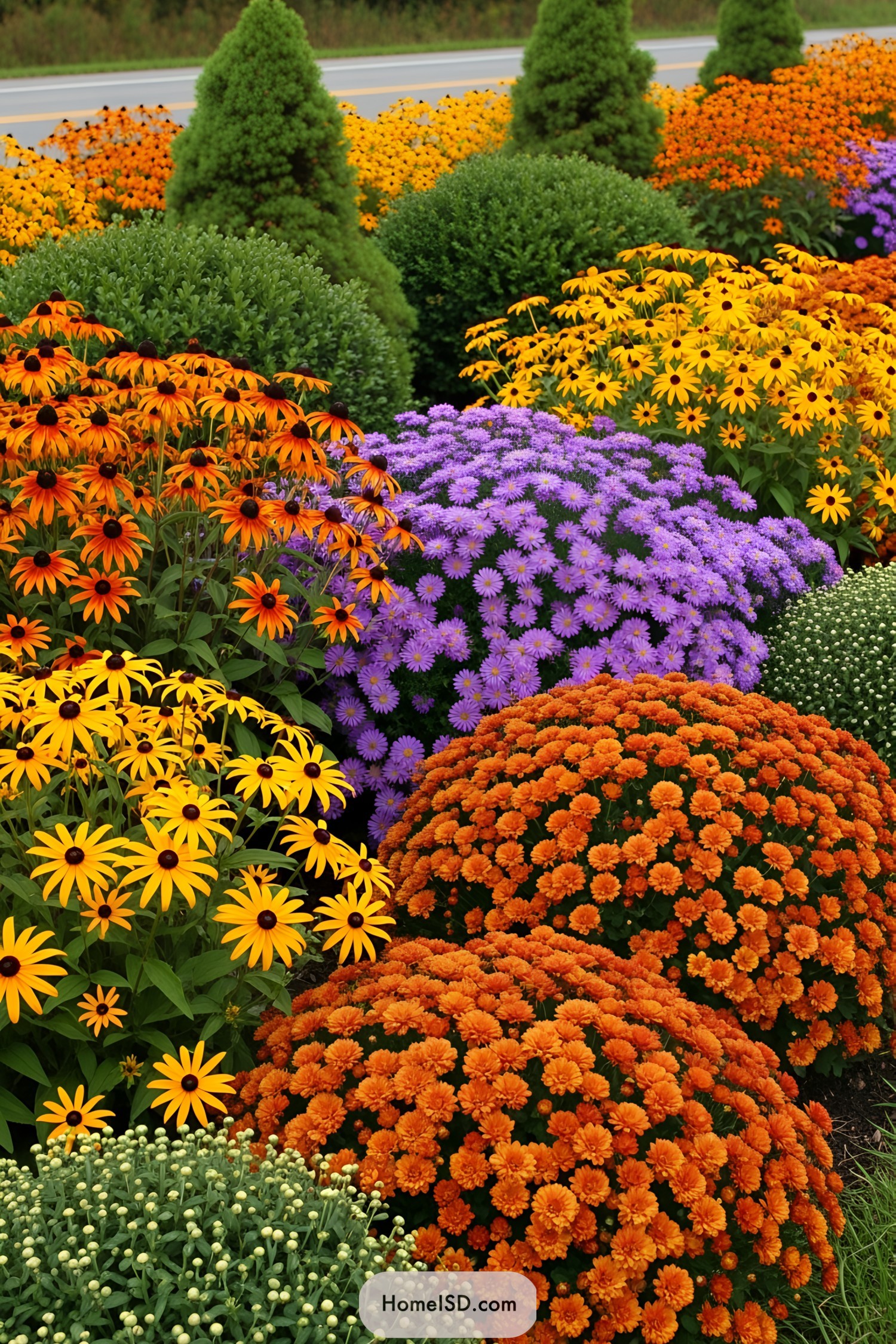 Vibrant fall flowers with lush greenery