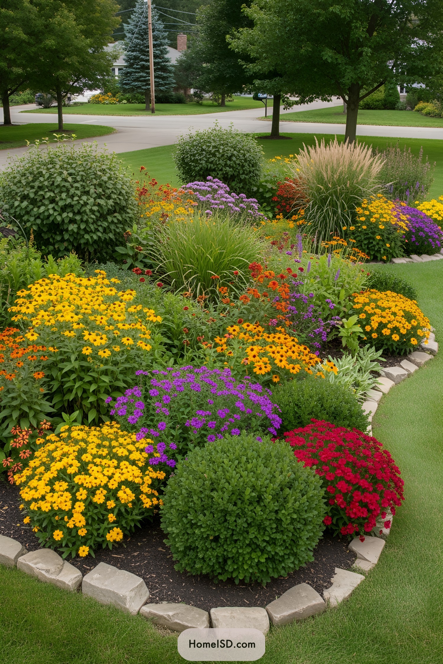 A vibrant fall flower garden with colorful blooms and lush greenery