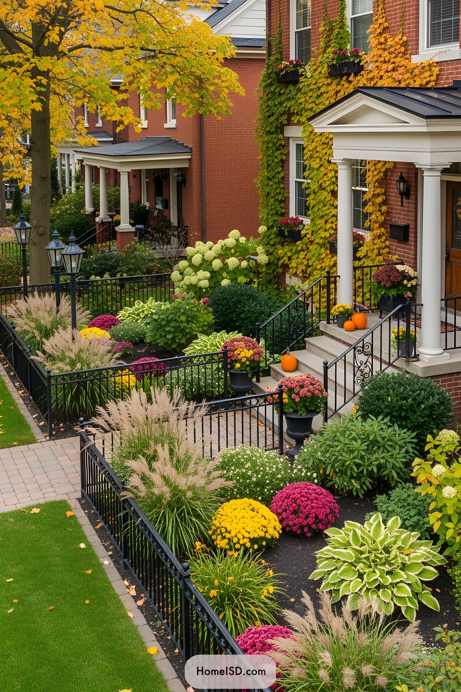 Vibrant fall flowers adorn a charming front yard