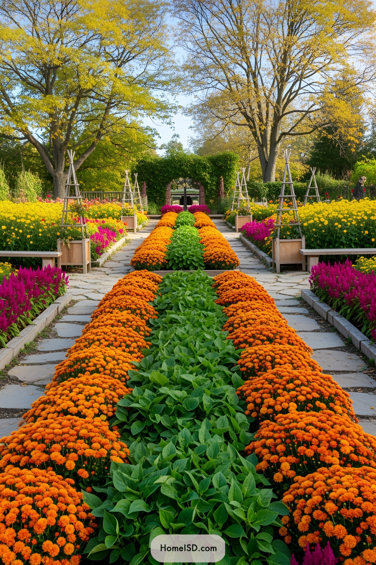 Stone pathway through a vibrant fall garden with abundant orange and yellow flowers