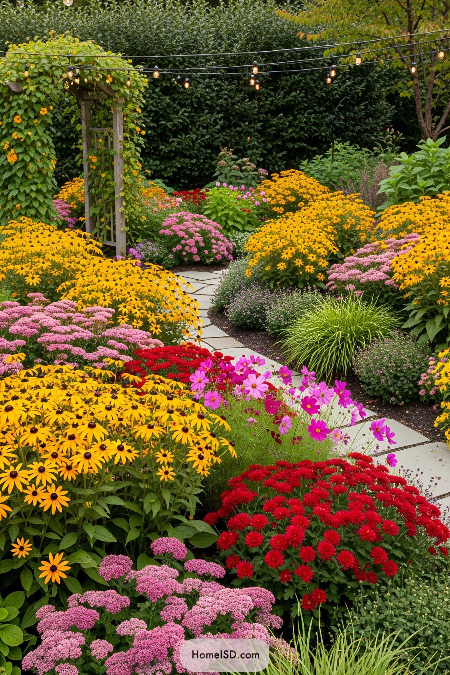 Colorful garden with a stone path and string lights