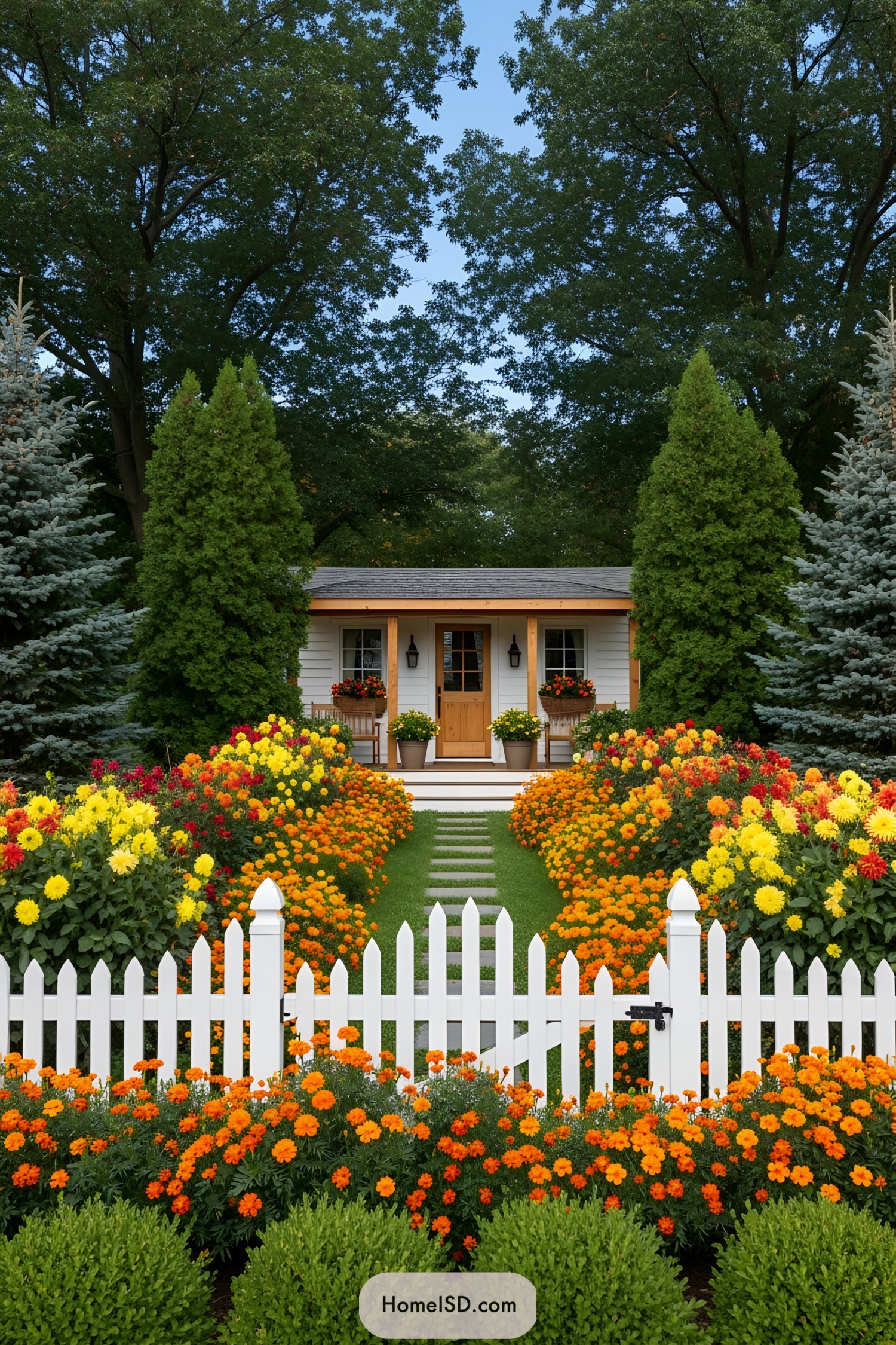 Vibrant fall flowers border a charming garden shed
