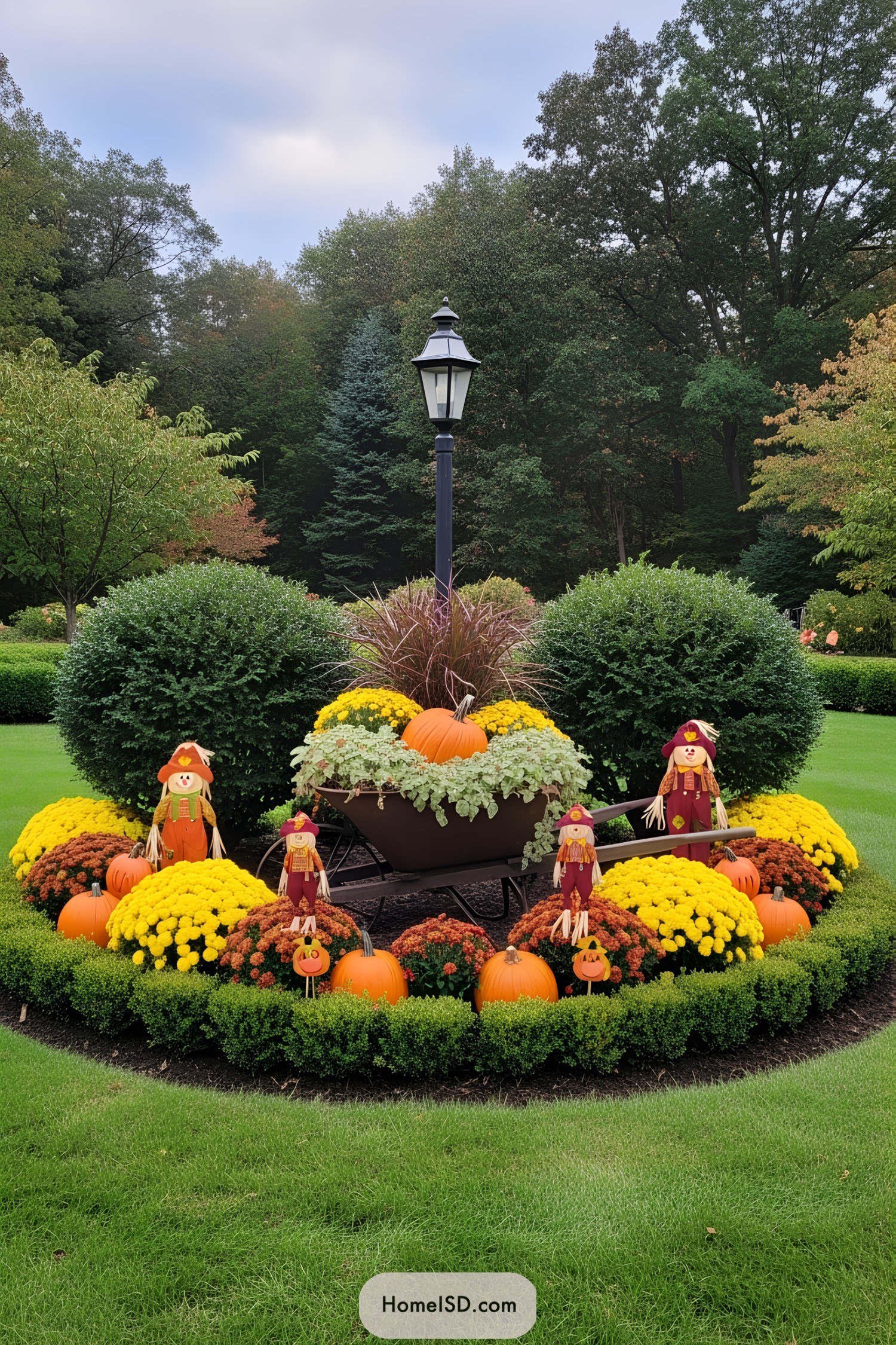 Circle of pumpkins, mums, and scarecrows around a lamppost