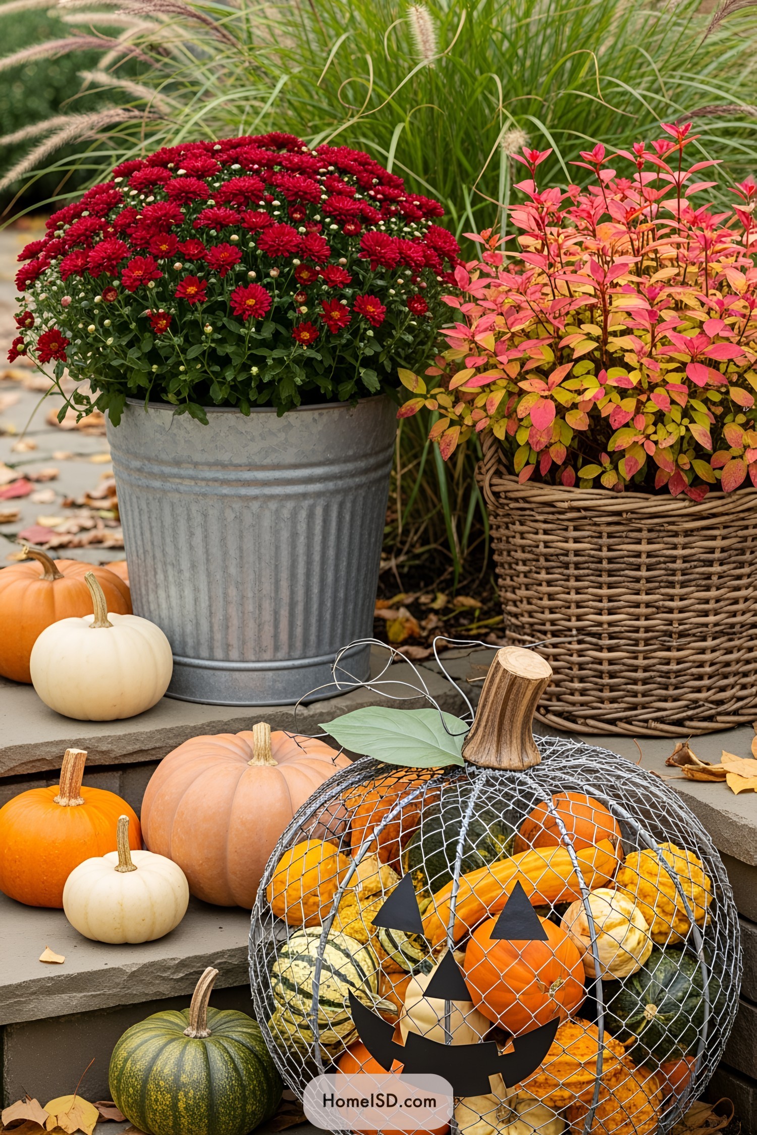 Colorful pumpkins and vibrant flowers in garden