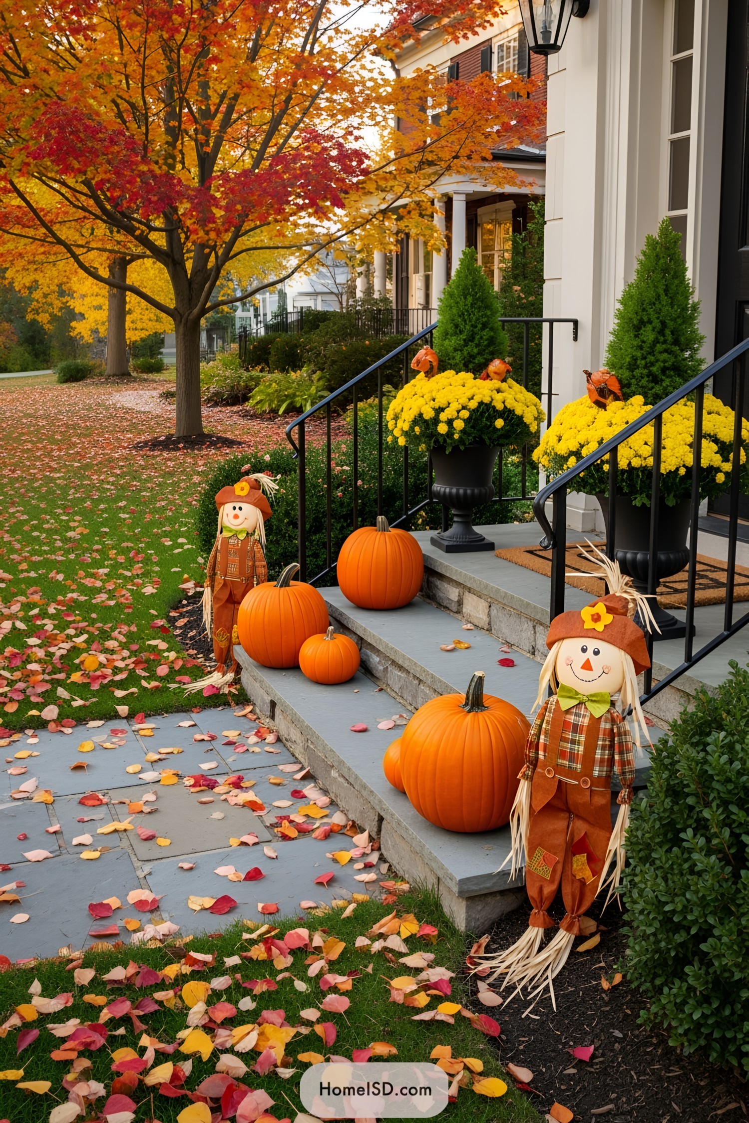 Autumn-themed porch with pumpkins, scarecrows, and vibrant foliage