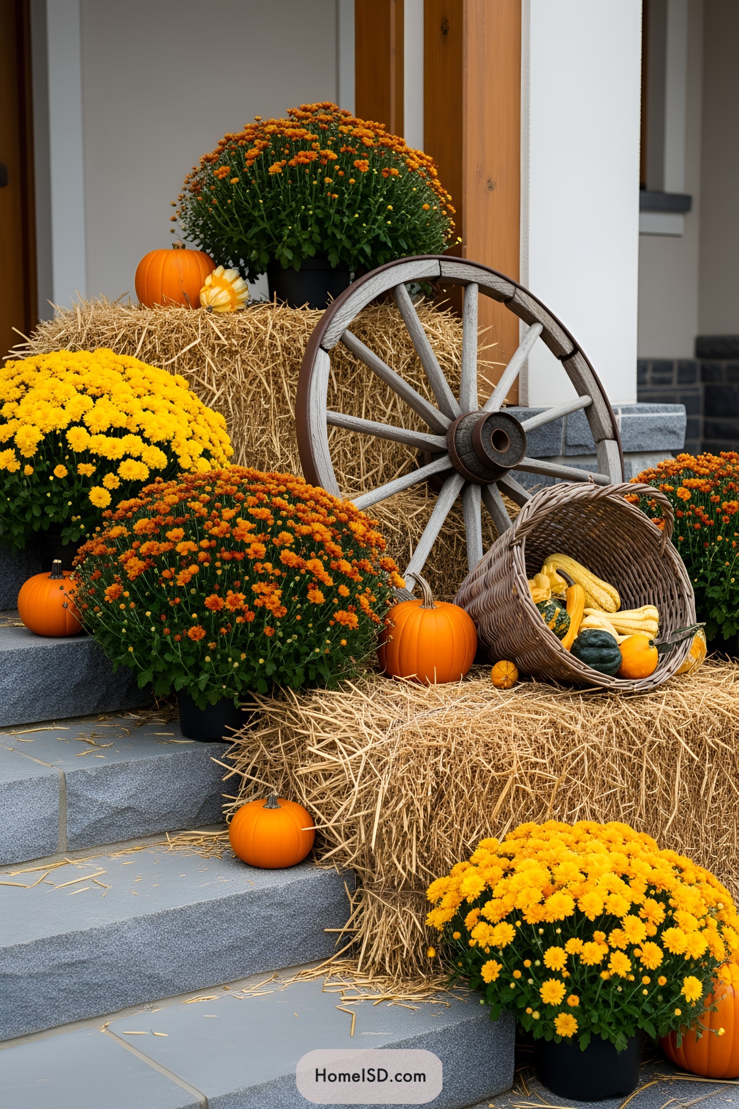 Autumn-themed porch with pumpkins, flowers, hay bales, and a wagon wheel