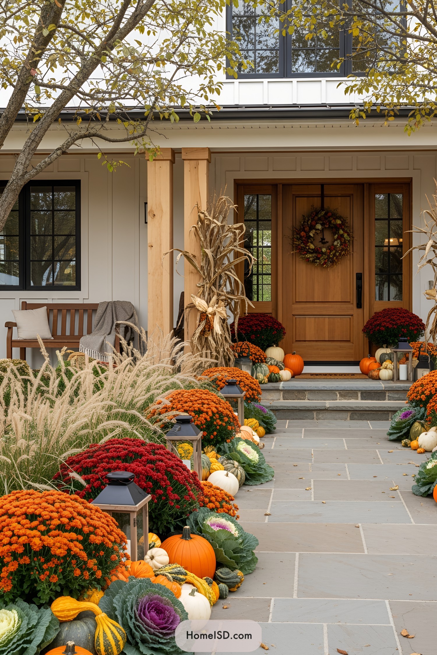 Front porch with pumpkins, flowers, and fall decor