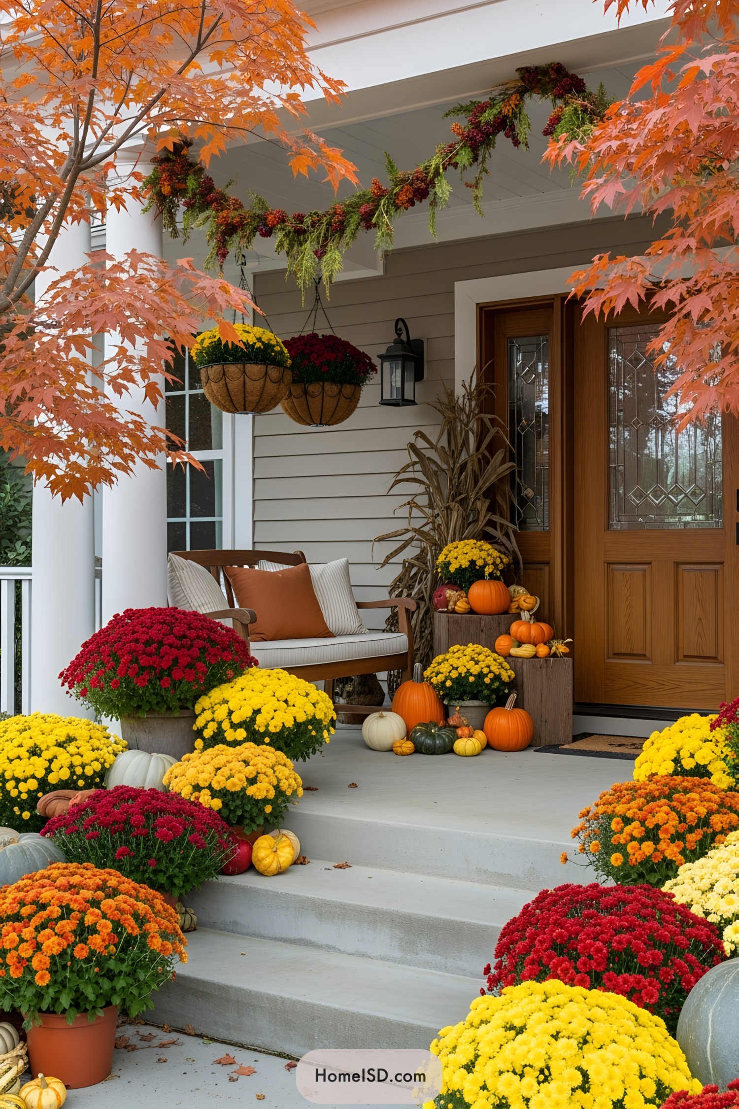 A vibrant porch with pumpkins and colorful flowers