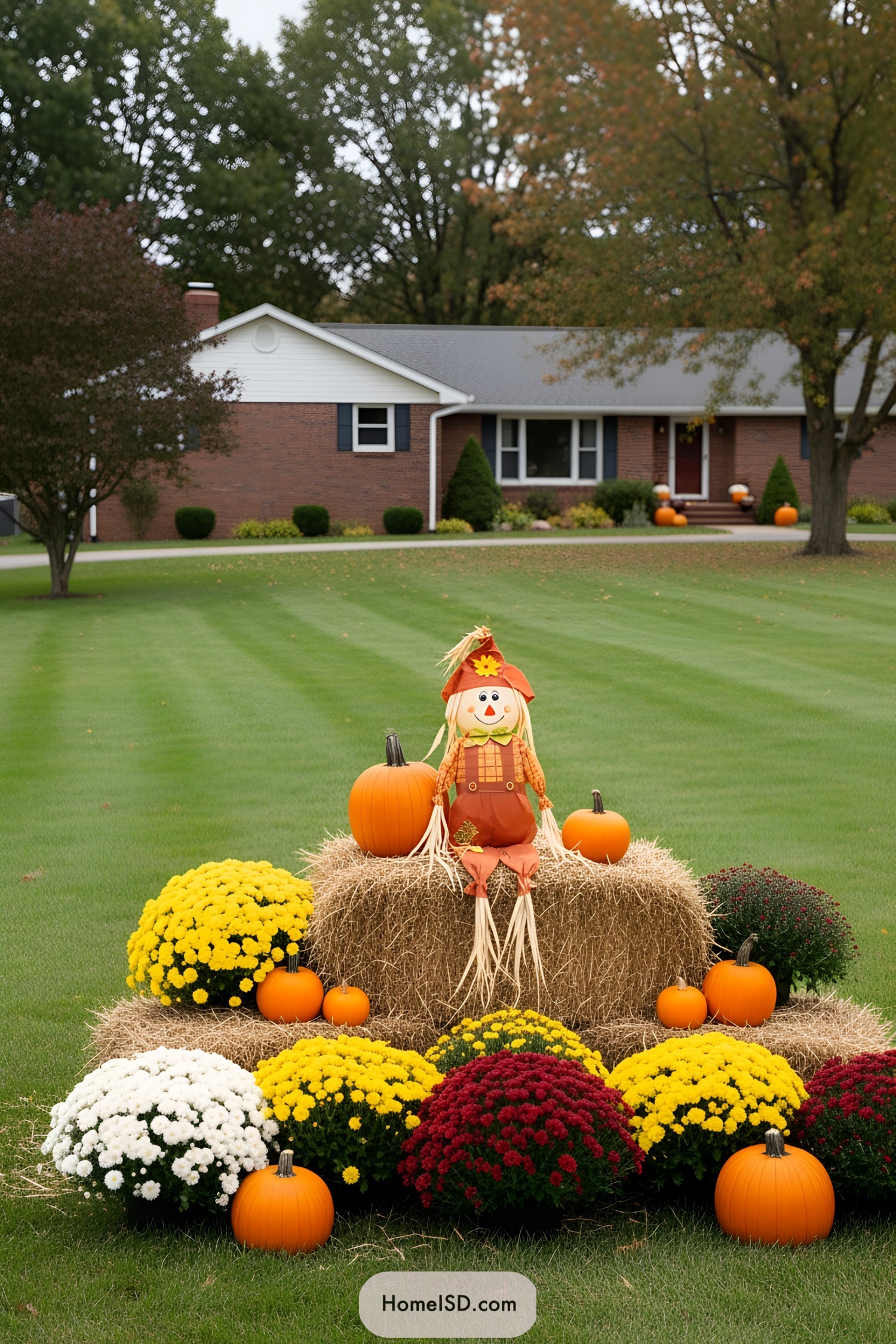Scarecrow sits on hay bales surrounded by pumpkins and flowers