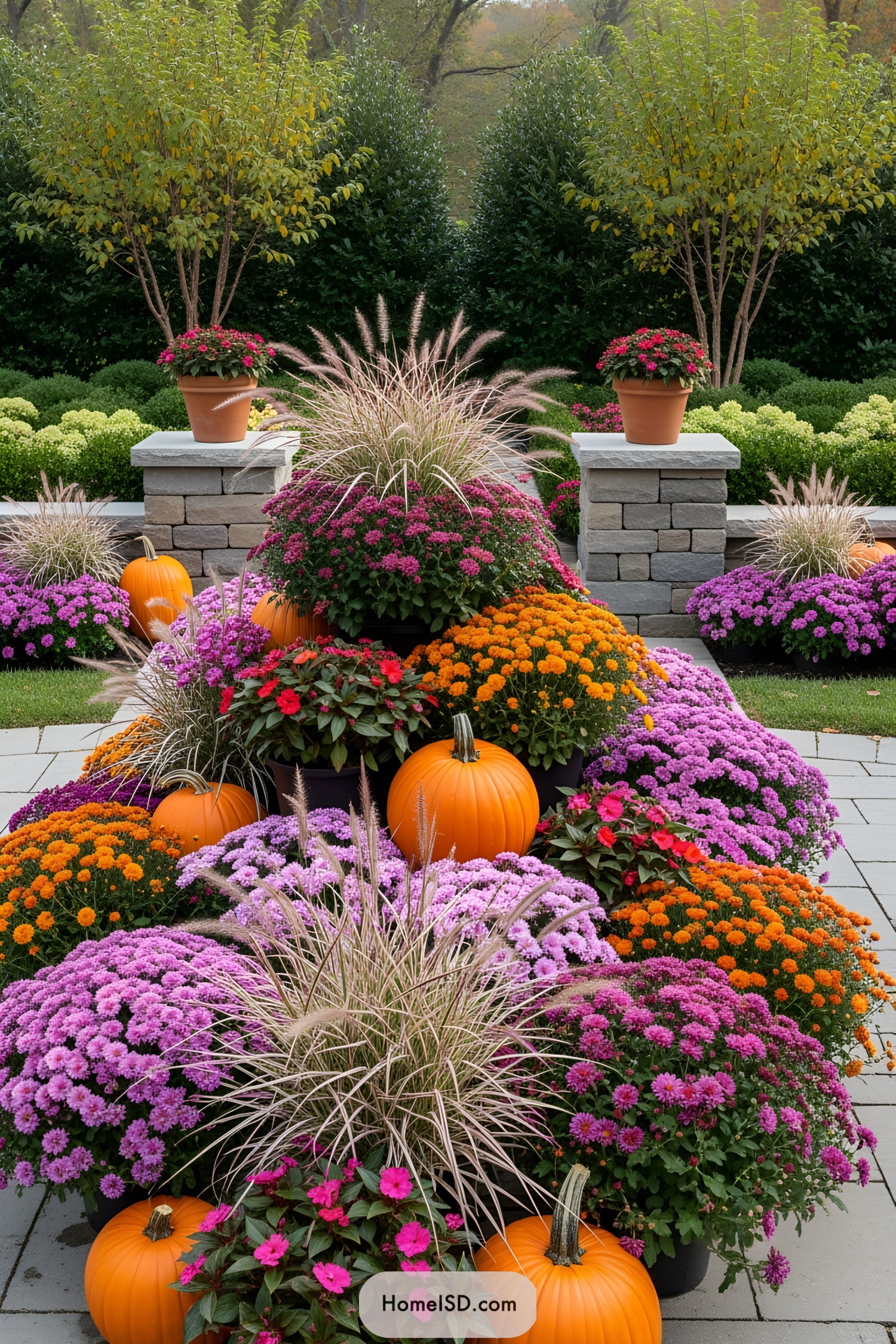 Bright flowers and pumpkins in a garden