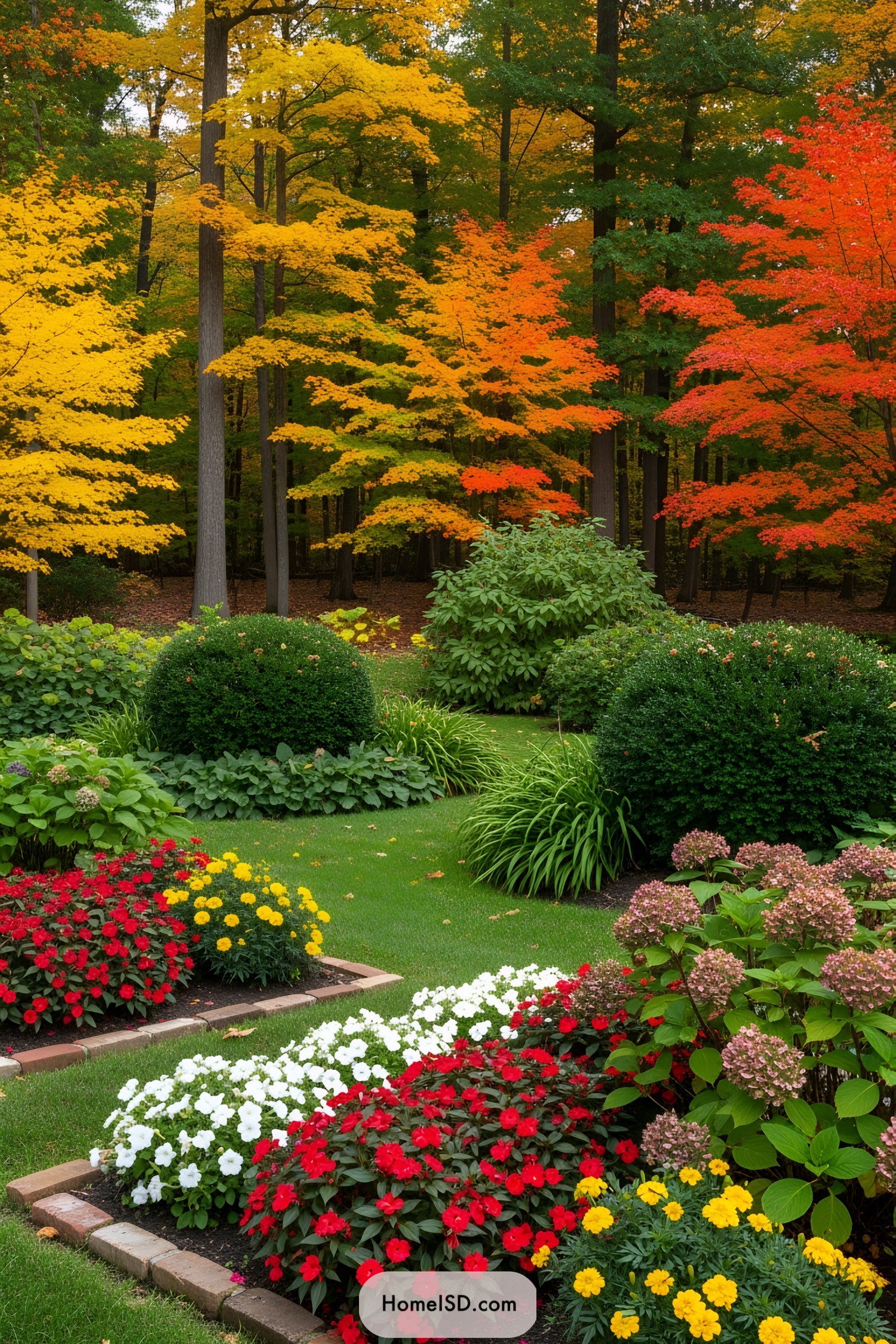 A vibrant garden bursting with colorful flowers and autumn trees