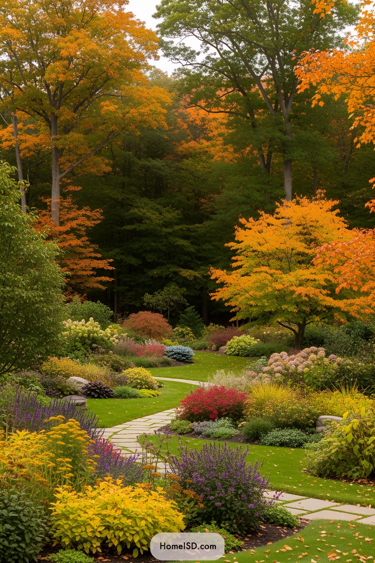 Lush pathway through vibrant fall foliage