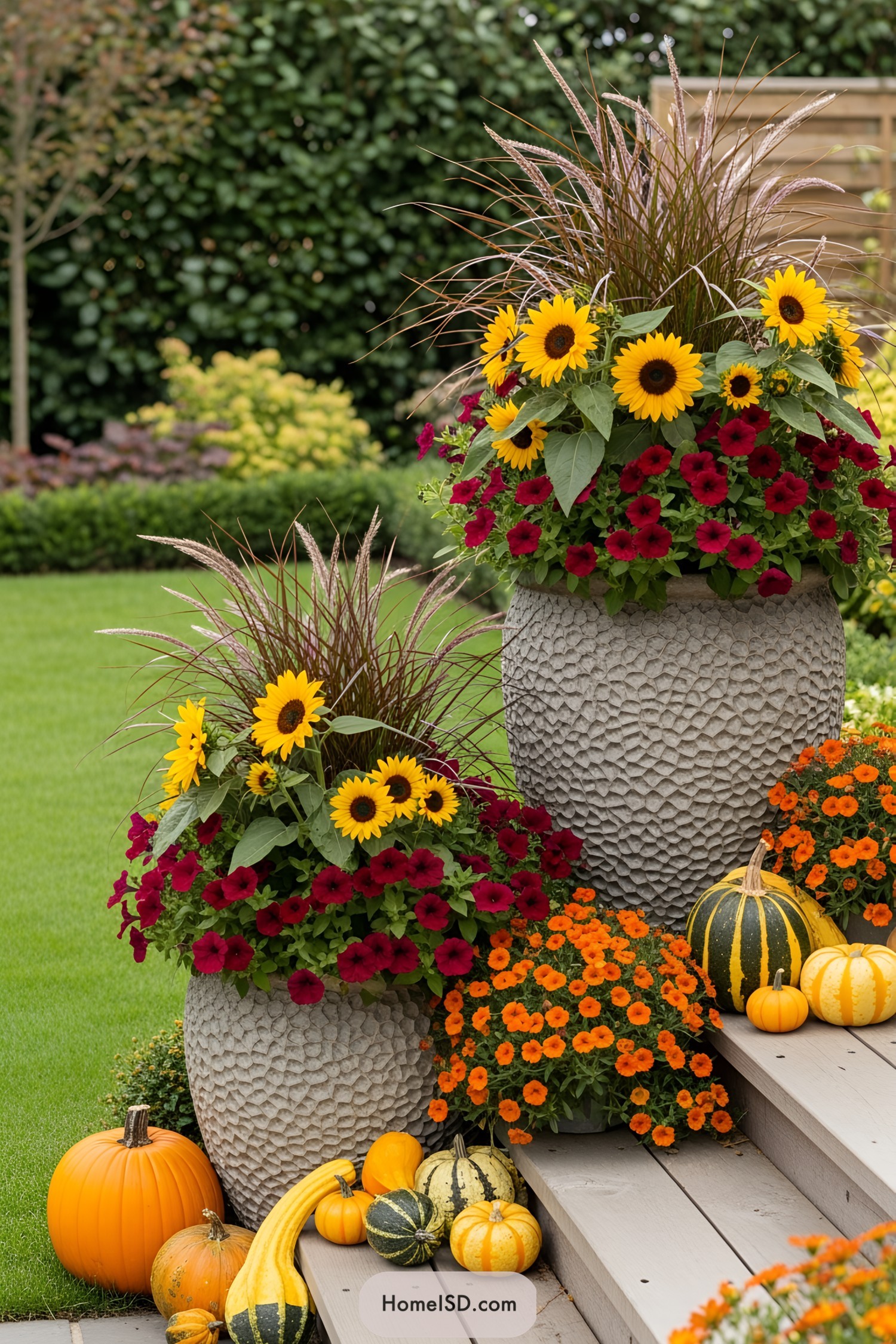 Vibrant flowers and pumpkins on garden steps