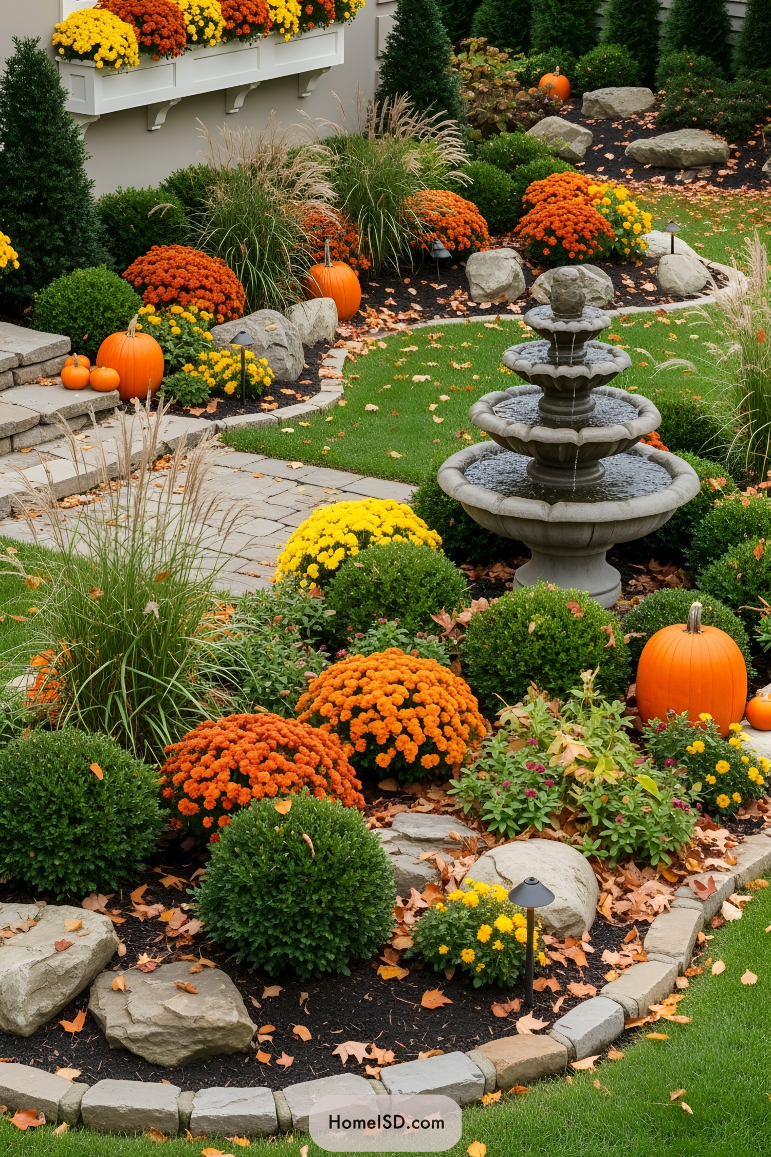 Autumn garden with pumpkins, fountain, and colorful flowers