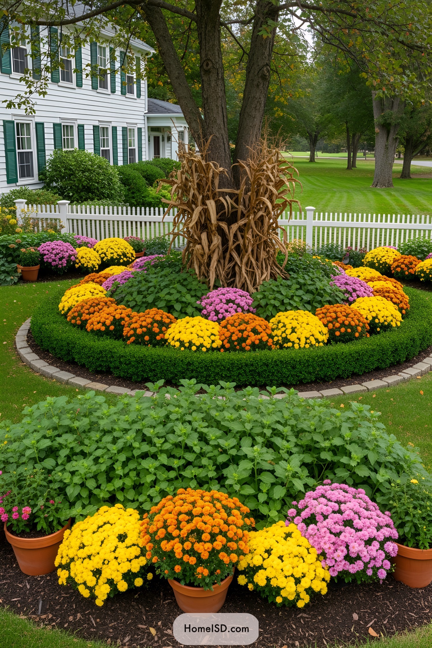 Brightly colored chrysanthemums in a fall garden