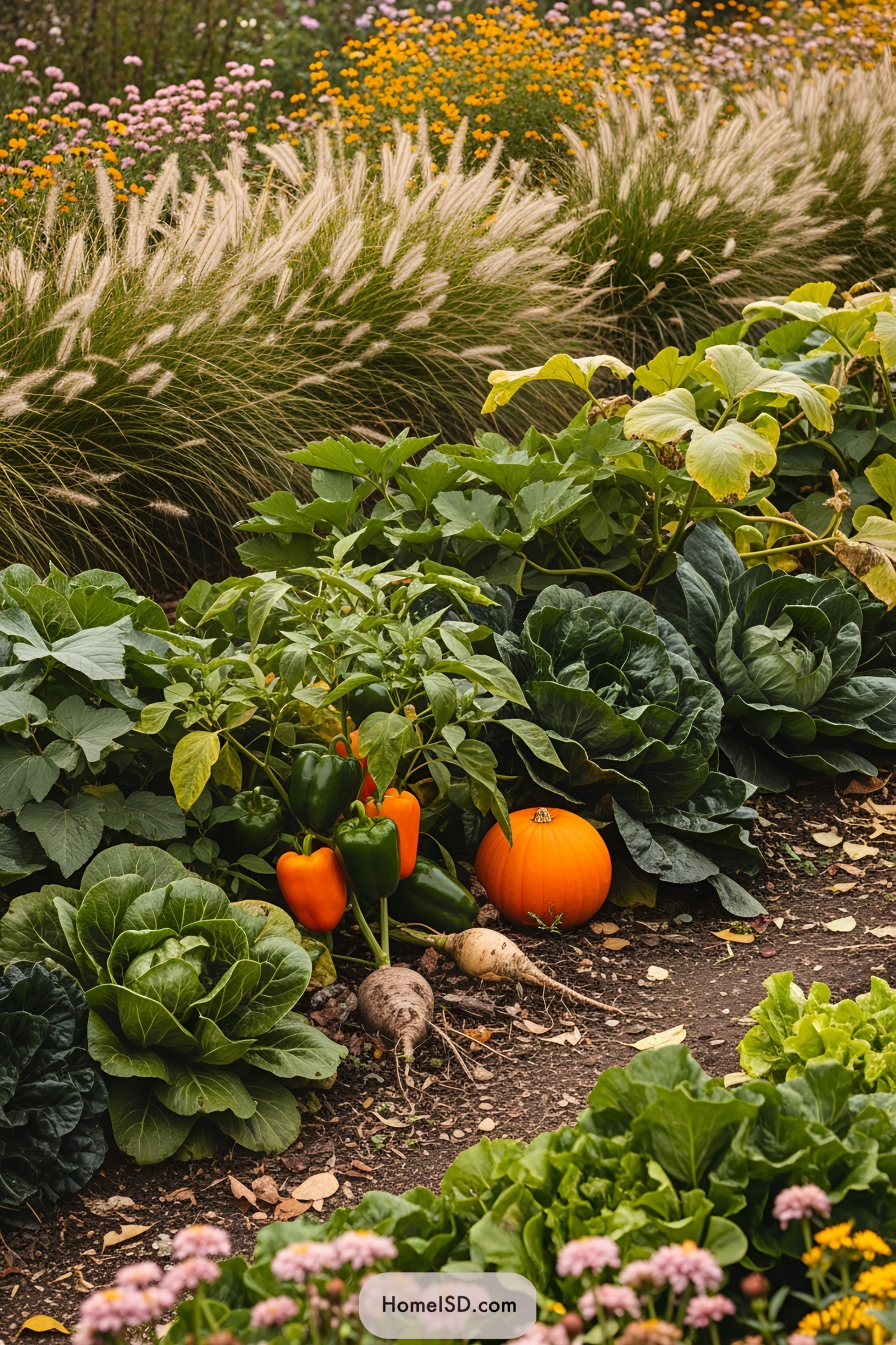 Lush vegetables, pumpkins, and colorful flowers in a garden
