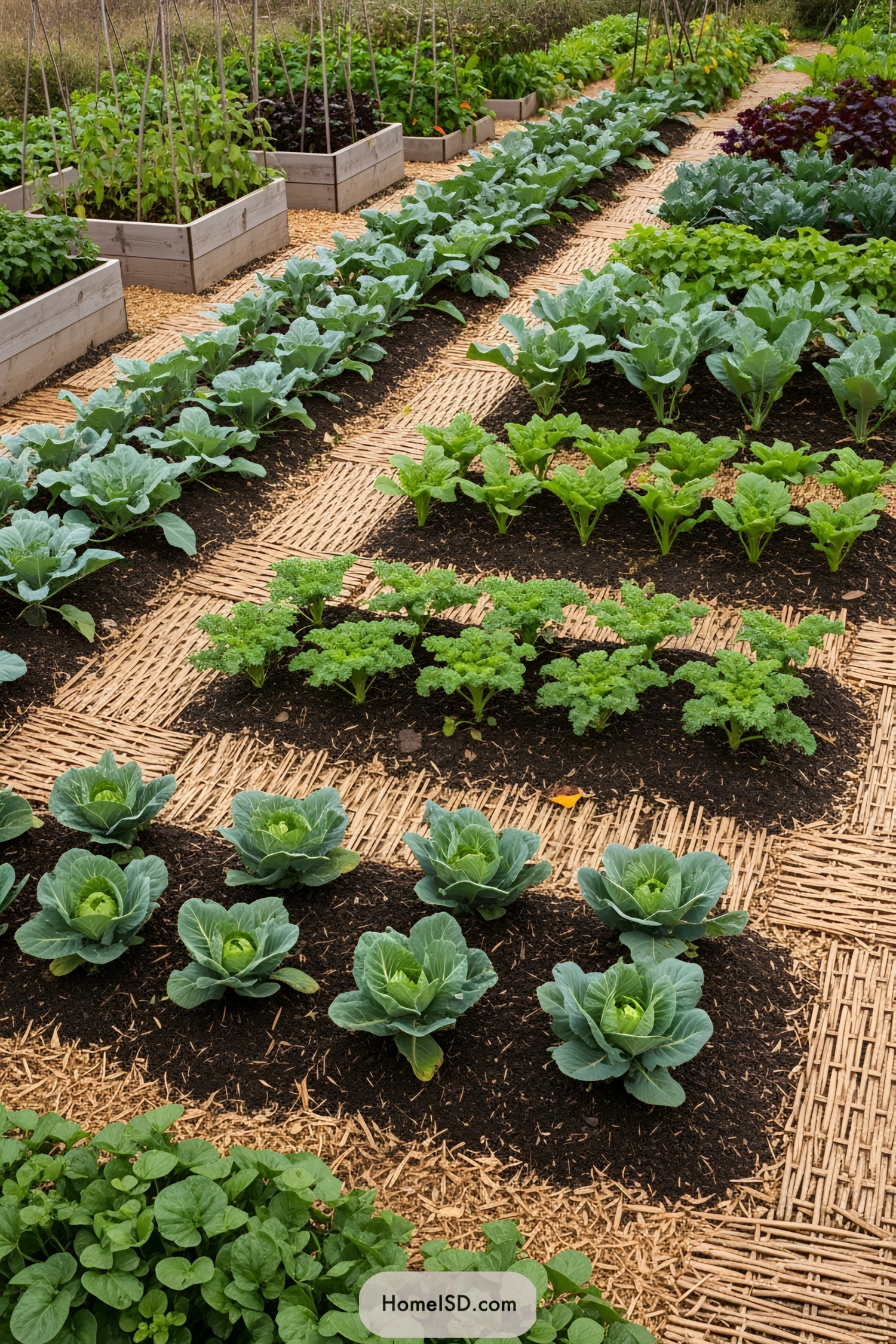 Neat rows of vegetables in a fall garden