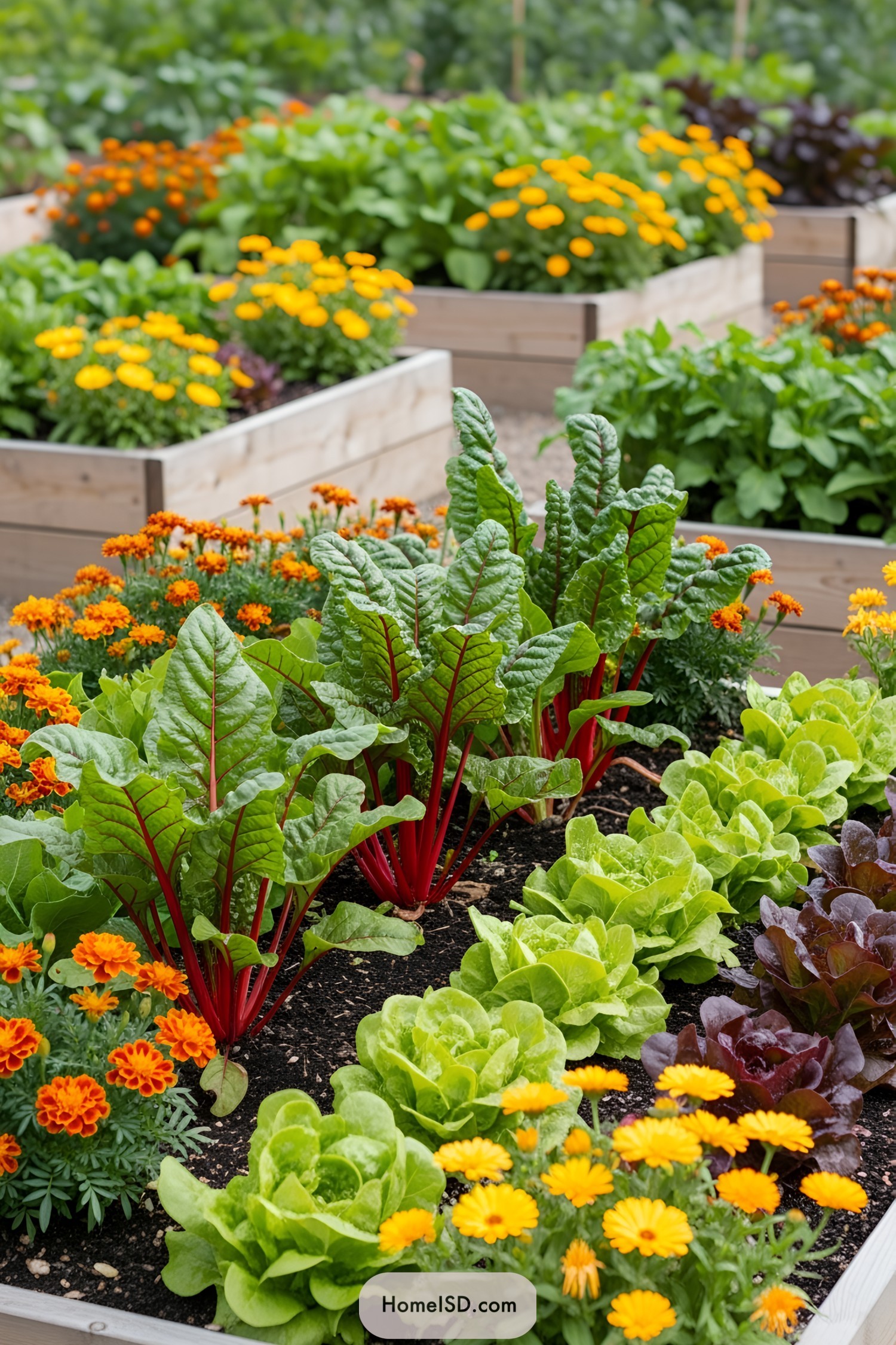 Raised beds brimming with vegetables and blooms