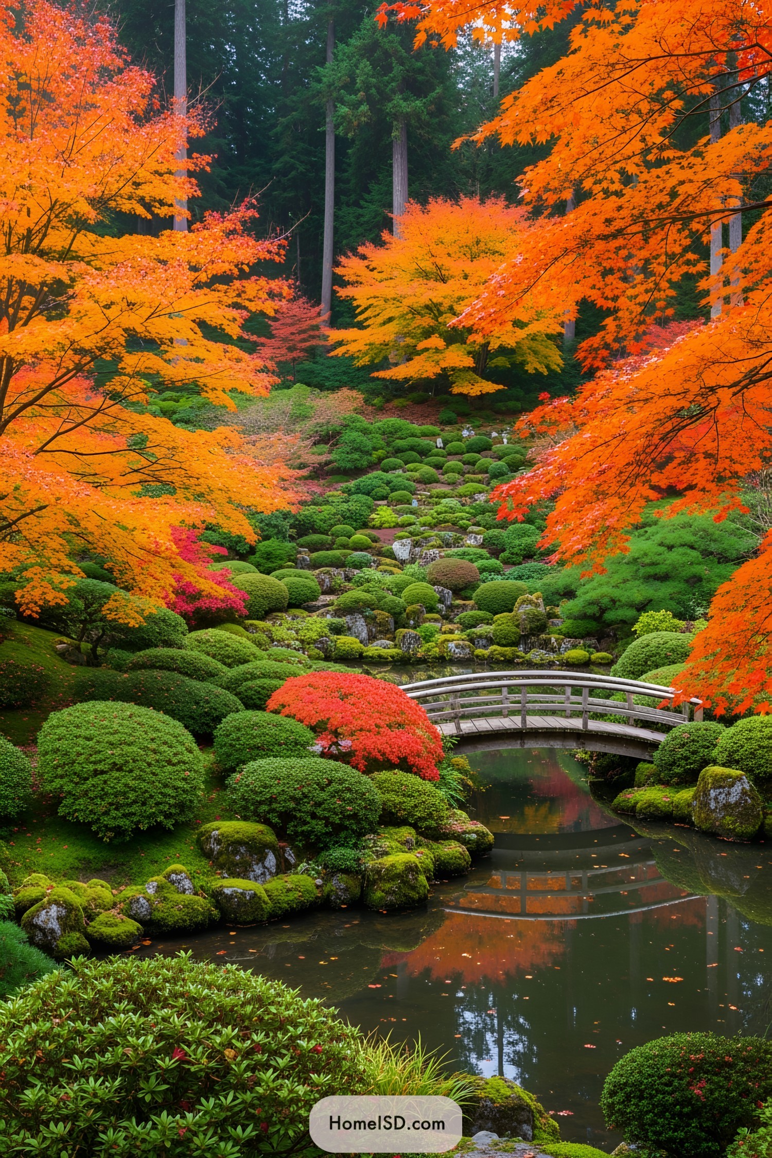 Serene garden with vibrant autumn colors and a quaint bridge