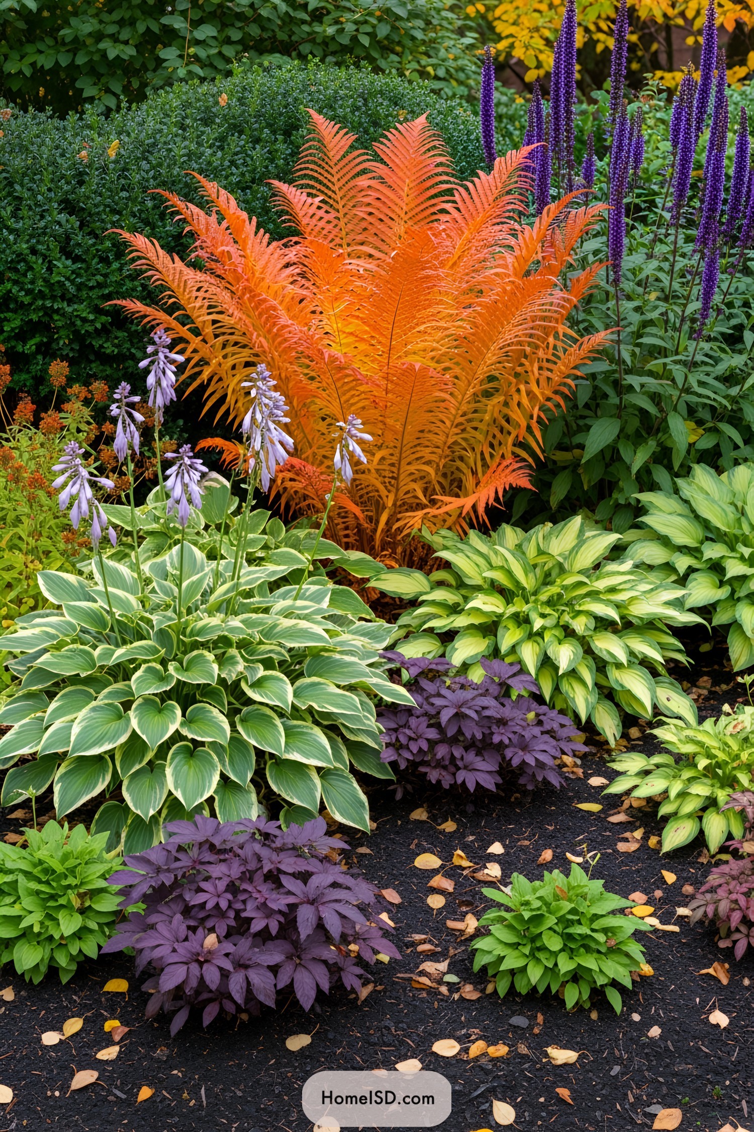 Vibrant orange fern surrounded by colorful foliage and purple flowers