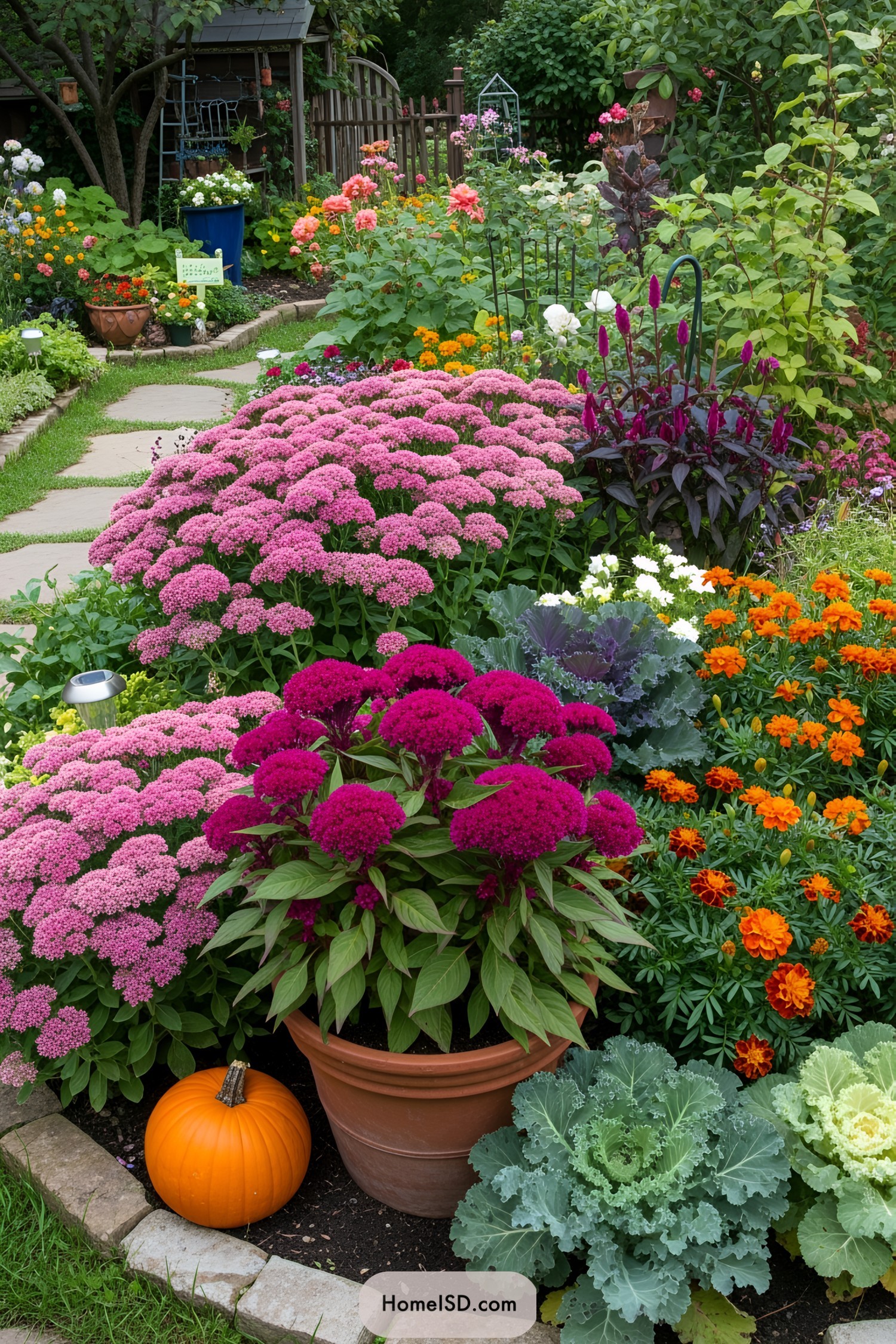 Vibrant autumn garden with diverse flowers and a pumpkin