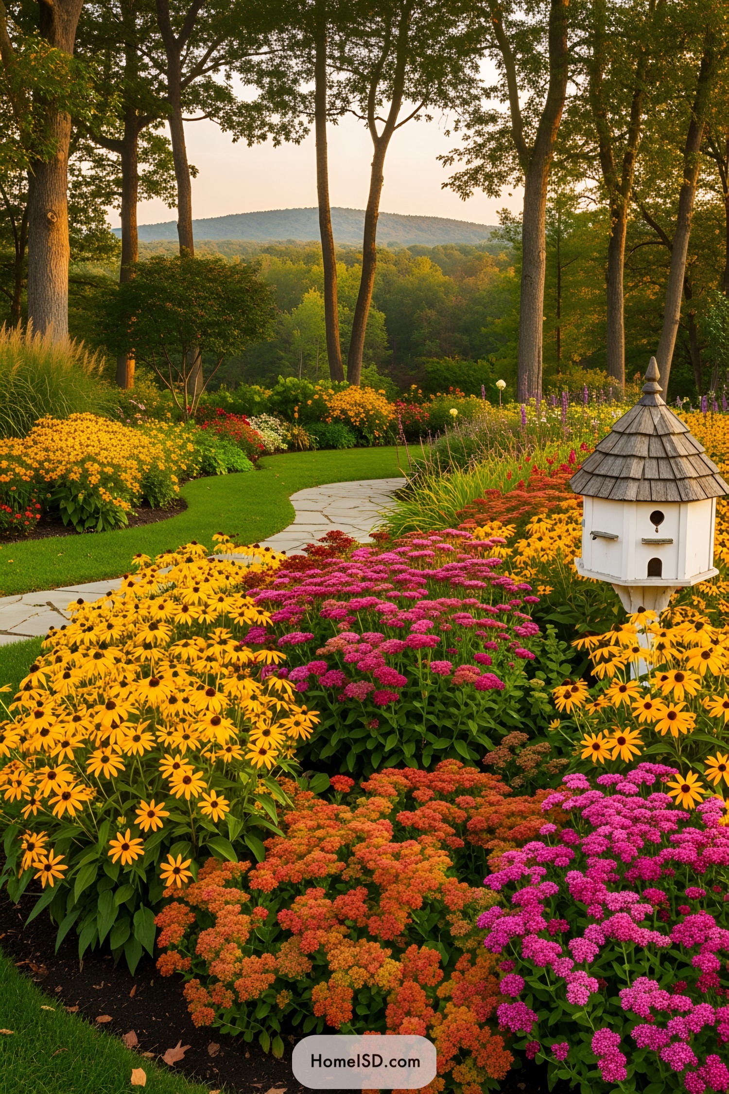 Vibrant fall flowers with winding path